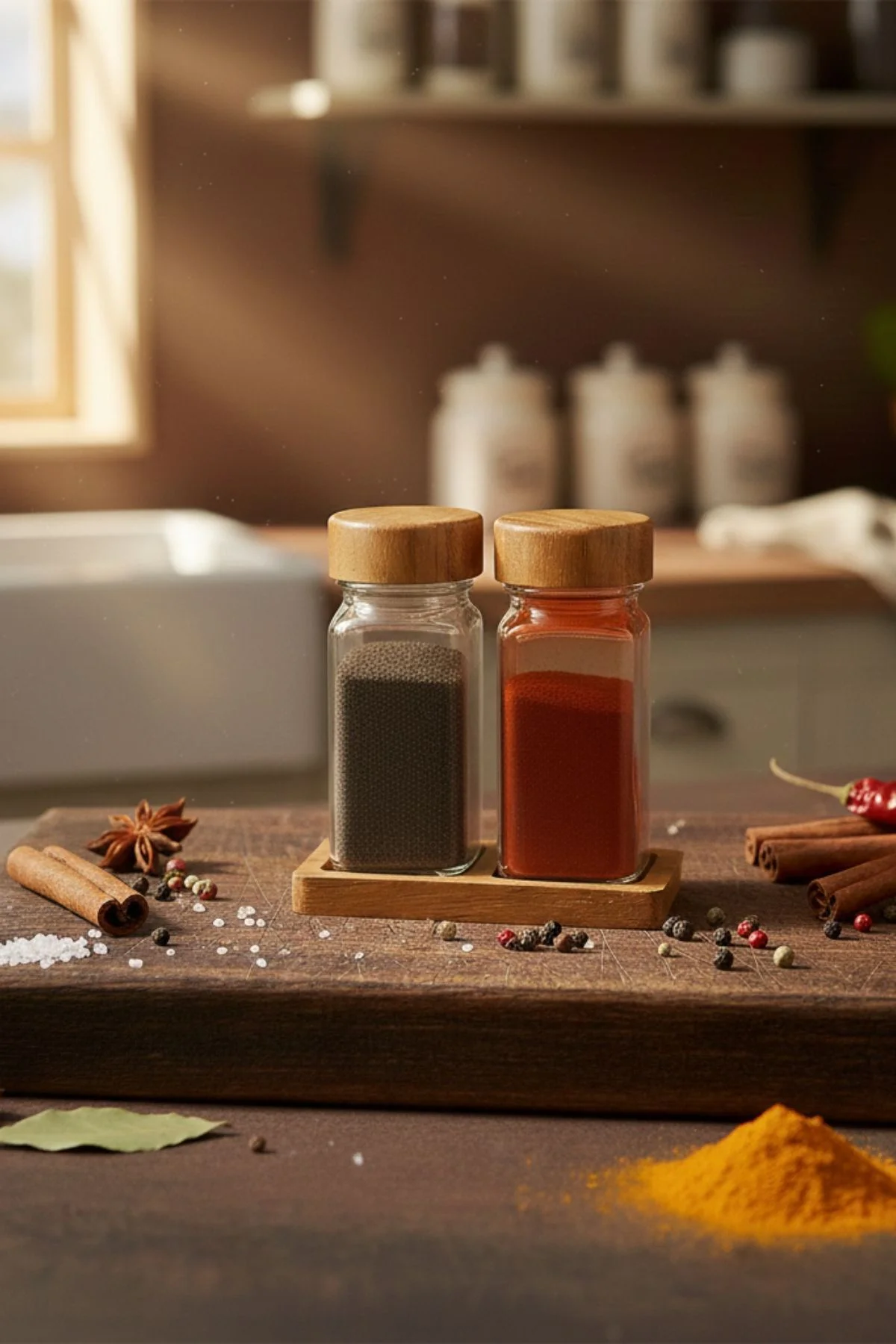 Standlı 3 Parça Bambu Kapaklı 2'li Cam Baharatlık 120 Ml Tuzluk B
