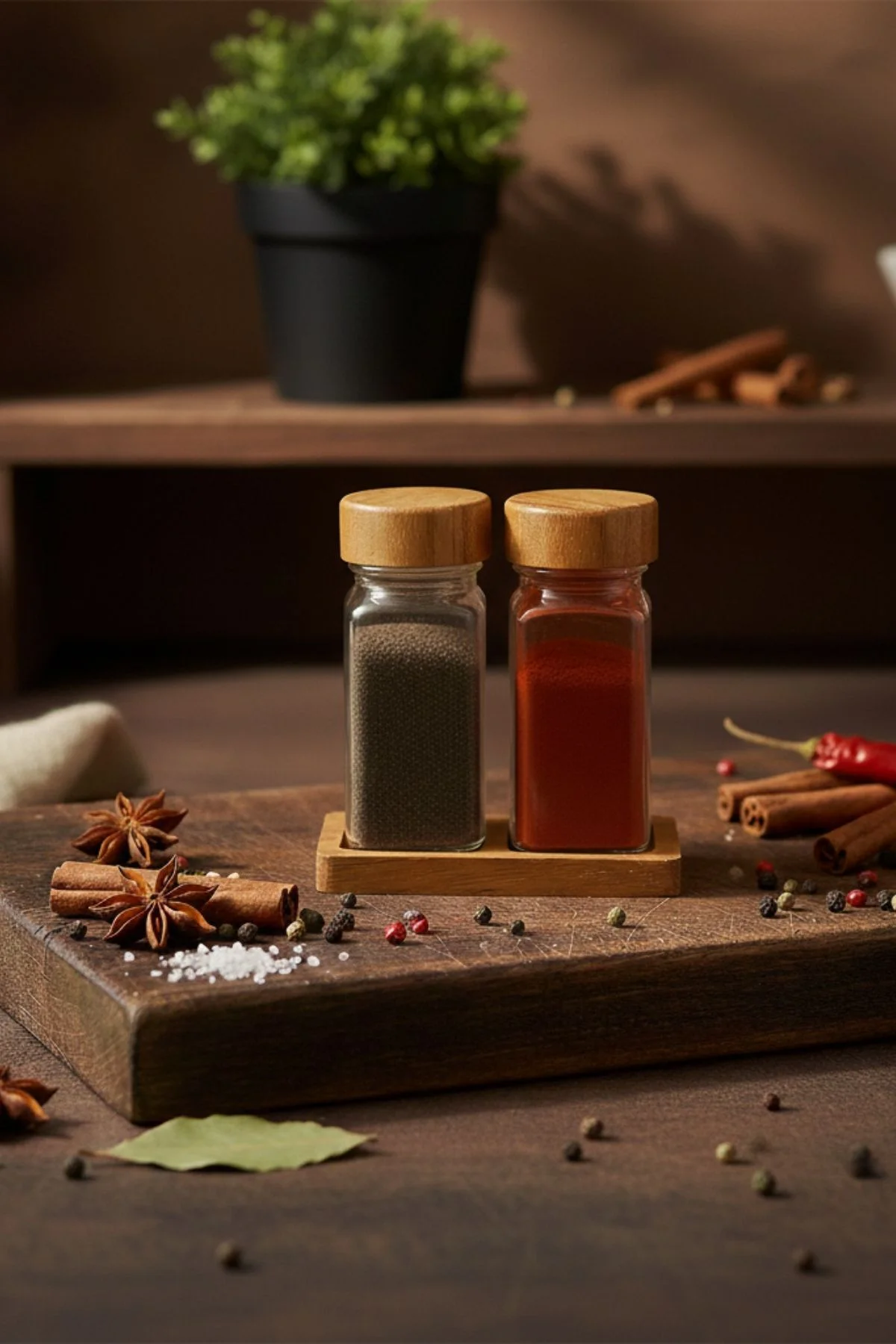 Standlı 3 Parça Bambu Kapaklı 2'li Cam Baharatlık 120 Ml Tuzluk B