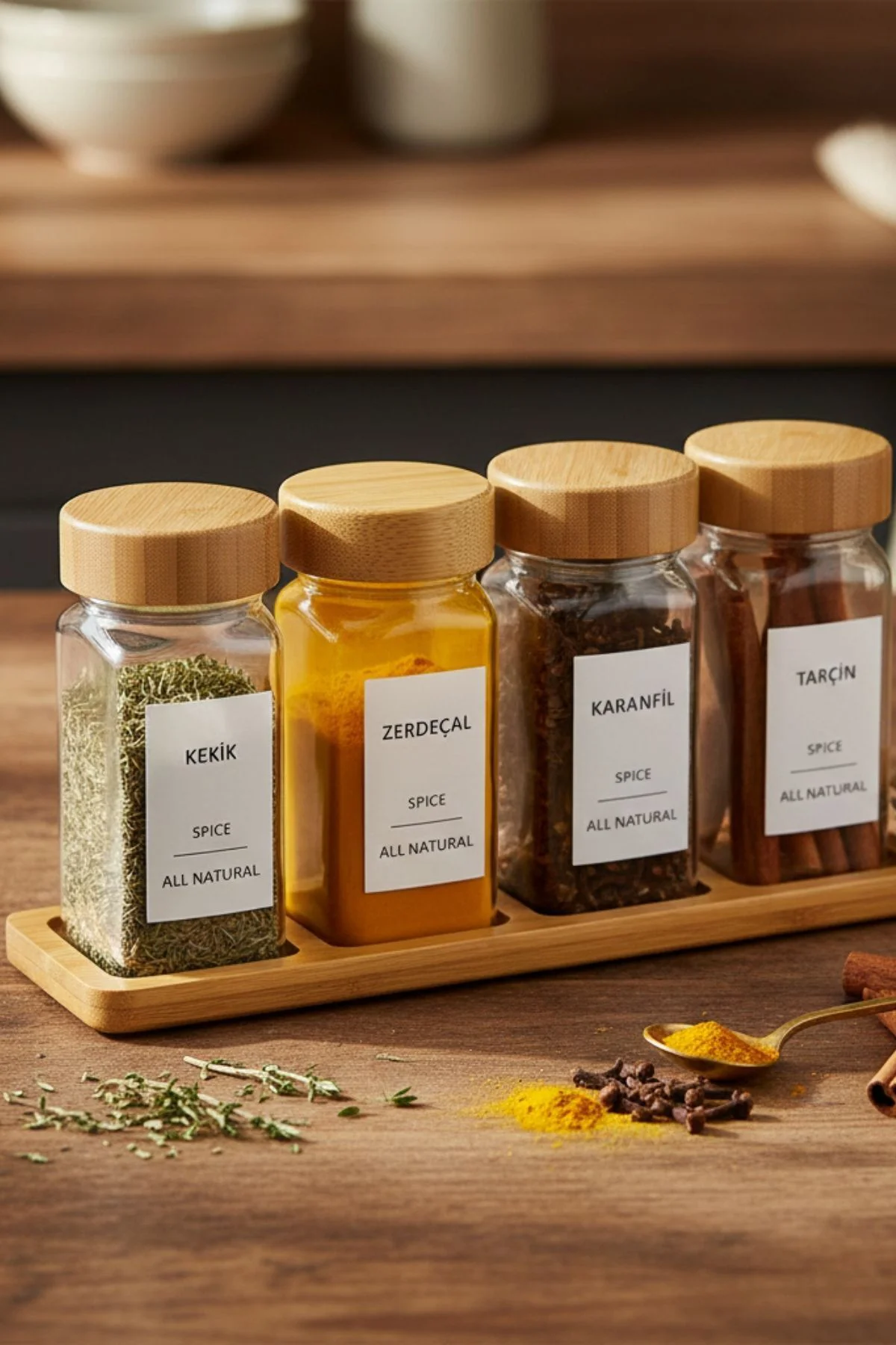 Standlı 5 Parça Bambu Kapaklı 4'lü Cam Baharatlık 120 Ml Tuzluk B