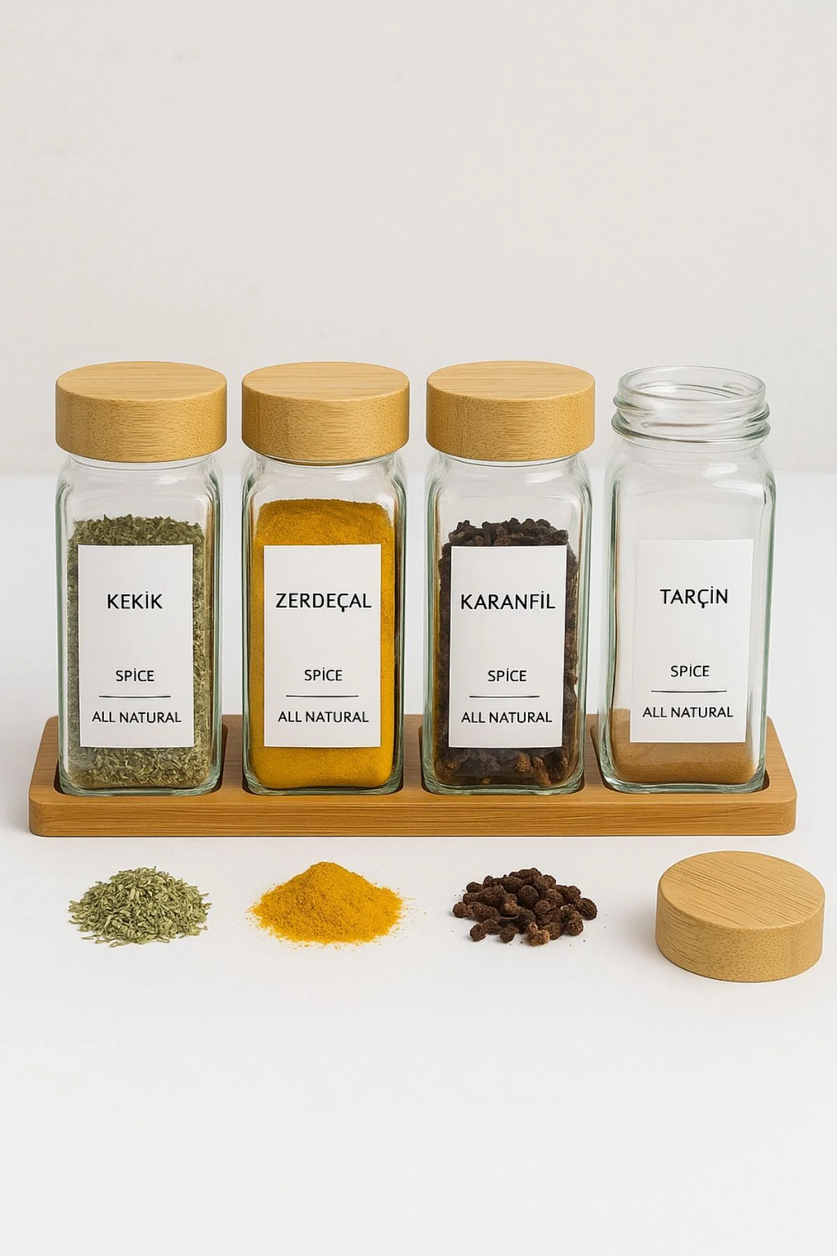 Standlı 5 Parça Bambu Kapaklı 4'lü Cam Baharatlık 120 Ml Tuzluk B