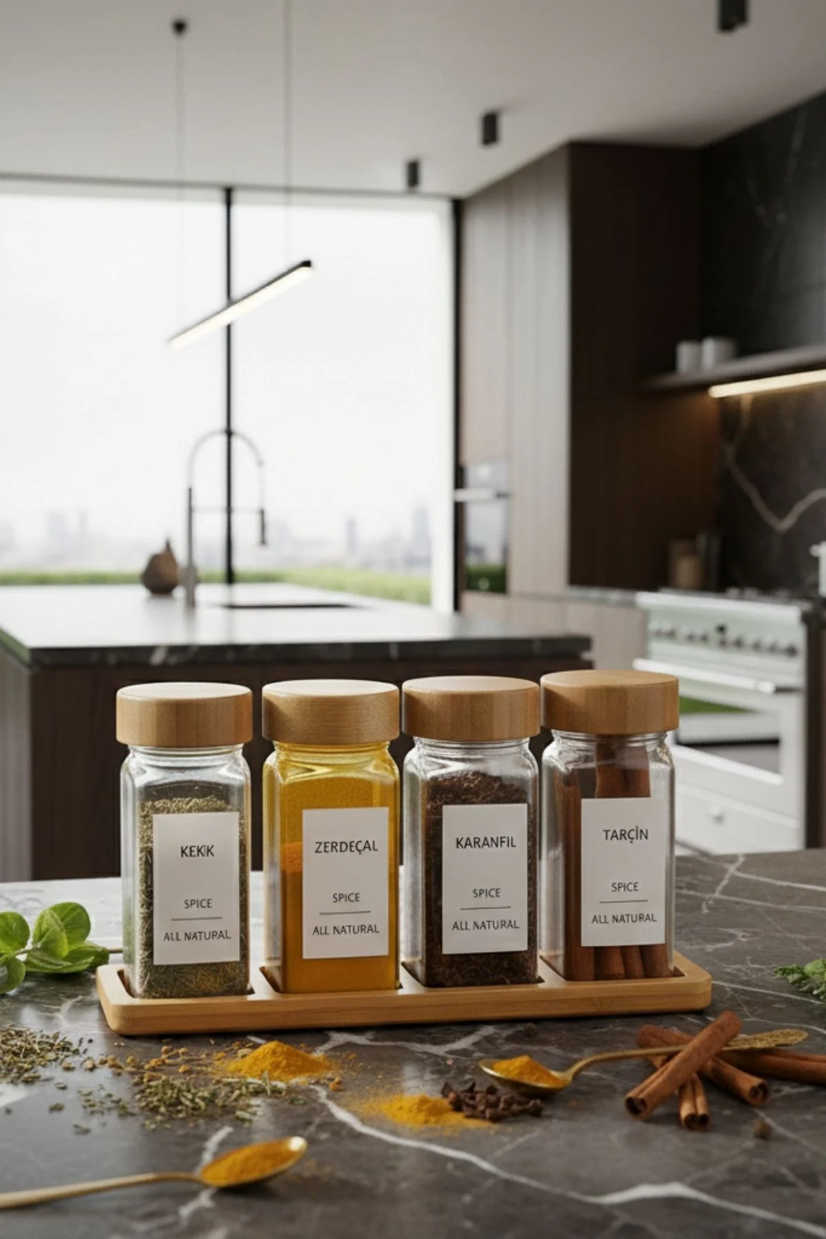 Standlı 5 Parça Bambu Kapaklı 4'lü Cam Baharatlık 120 Ml Tuzluk B