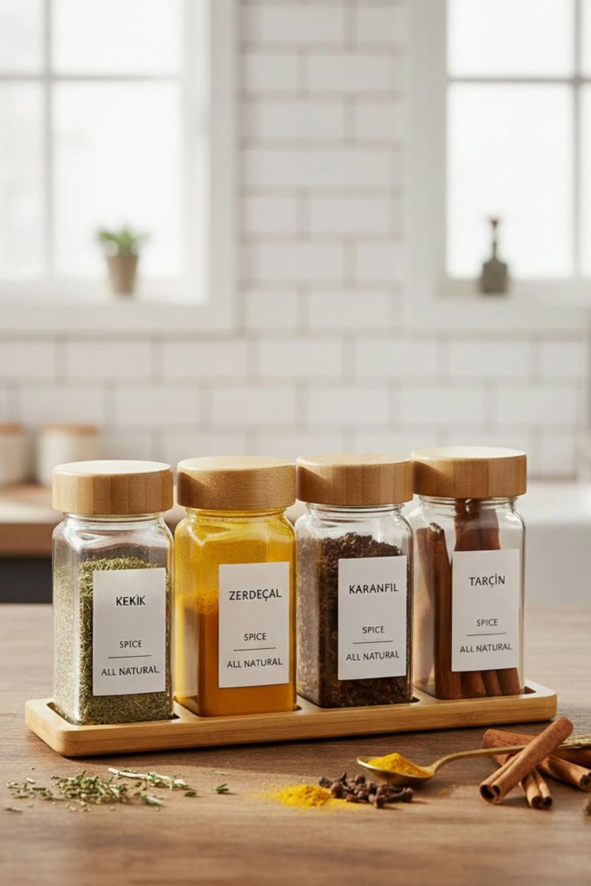 Standlı 5 Parça Bambu Kapaklı 4'lü Cam Baharatlık 120 Ml Tuzluk B