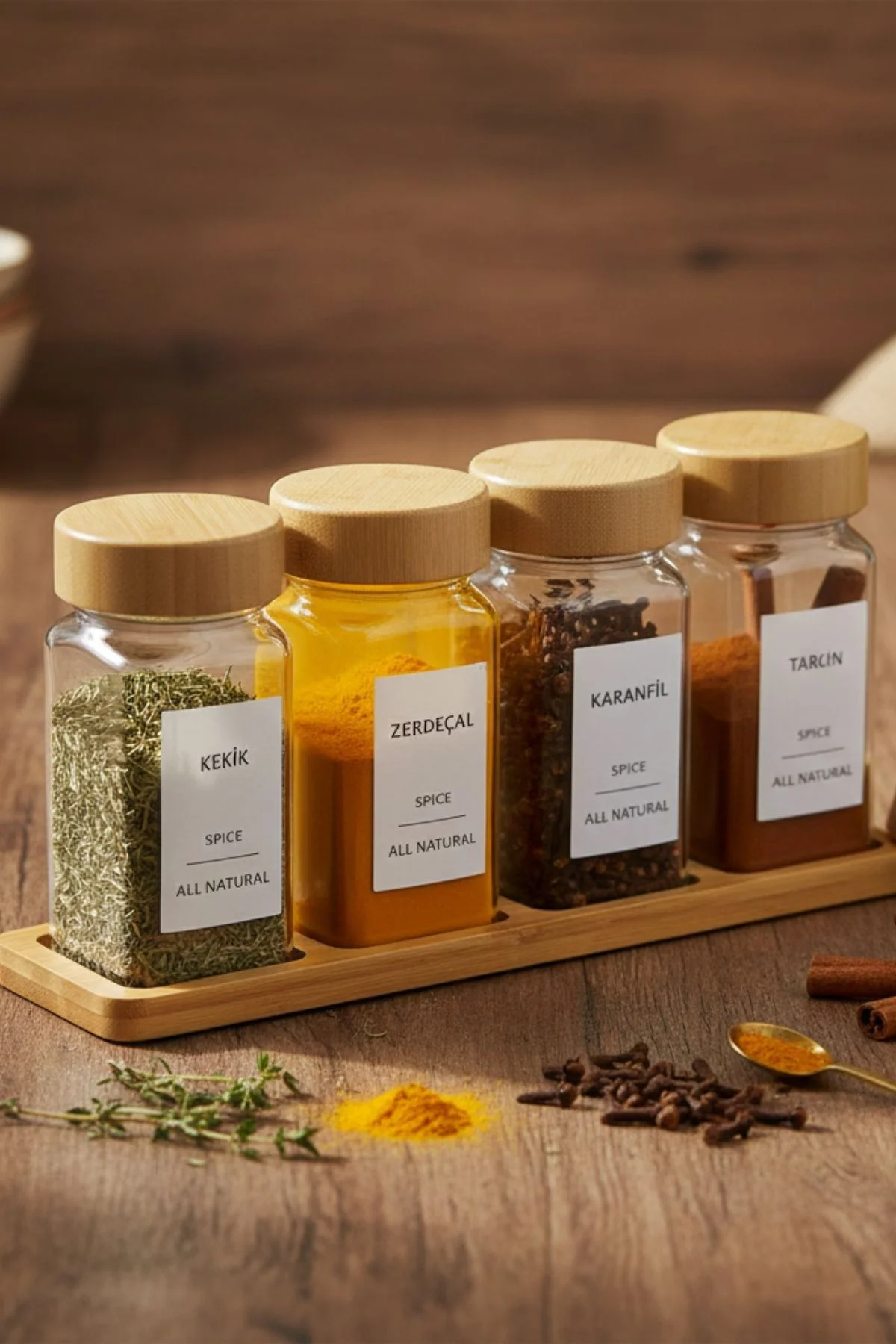 Standlı 5 Parça Bambu Kapaklı 4'lü Cam Baharatlık 120 Ml Tuzluk B