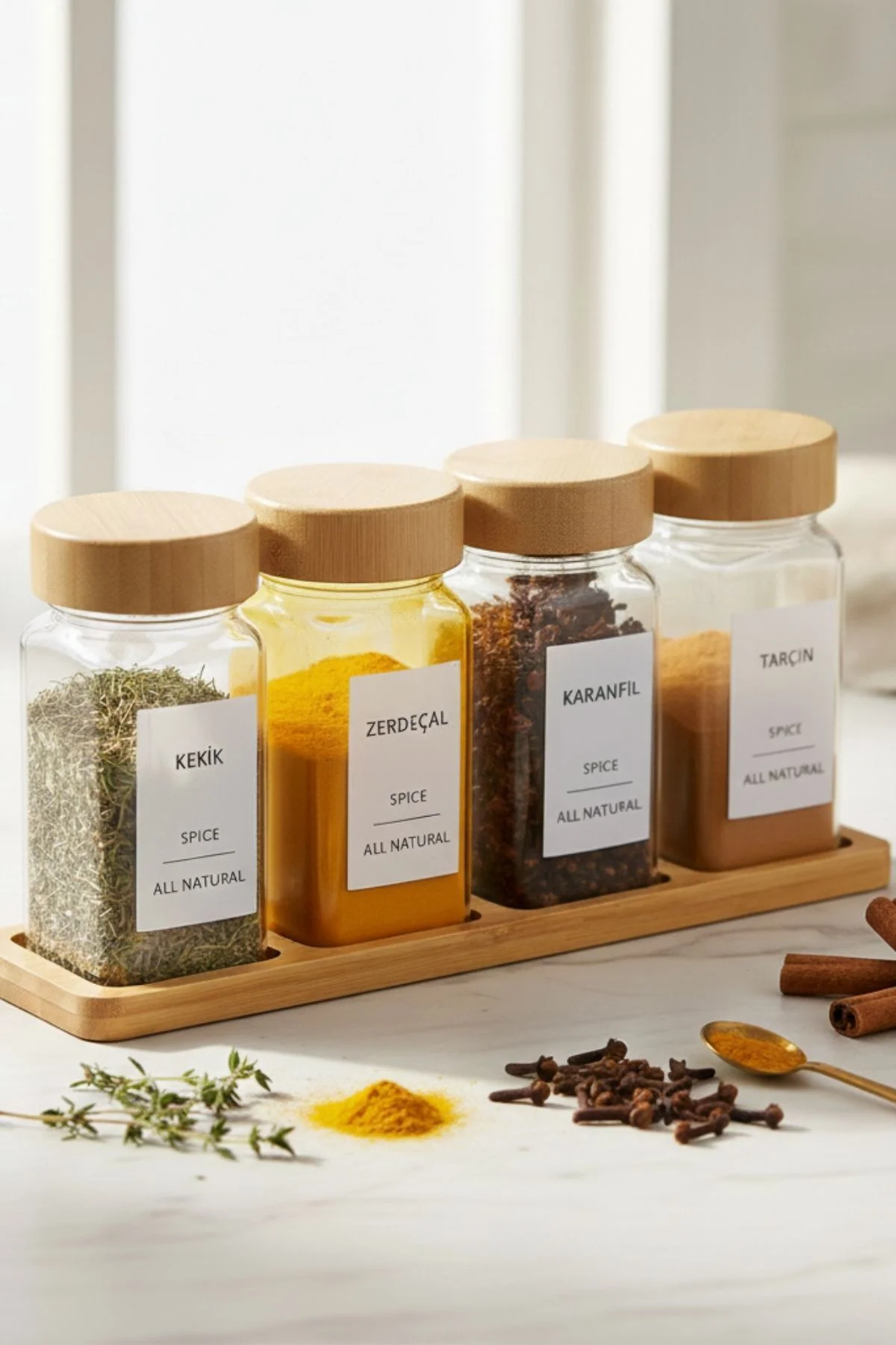 Standlı 5 Parça Bambu Kapaklı 4'lü Cam Baharatlık 120 Ml Tuzluk B