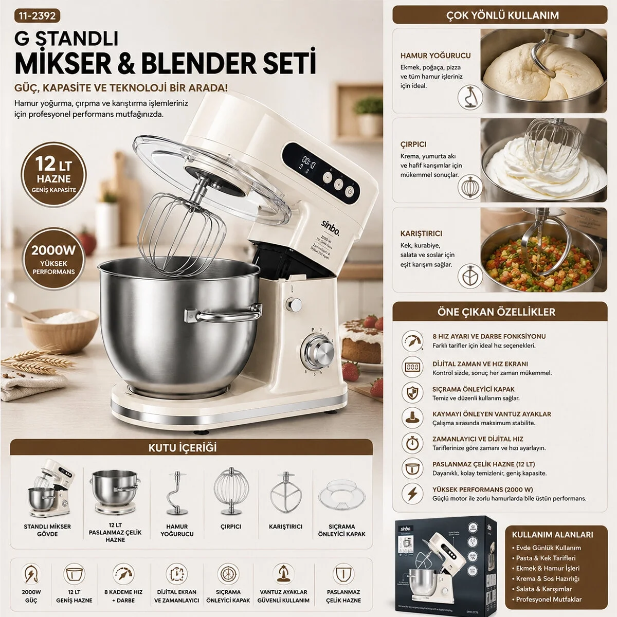 Standlı Mikser - Blender Seti Hamur Yoğurucu - Çırpıcı - Karıştırıcı 8kadem. Hız Ayar 12lt Hazne 2000w Smx-2779 Bx40 Fiyatı, Yorumları ve Özellikleri
