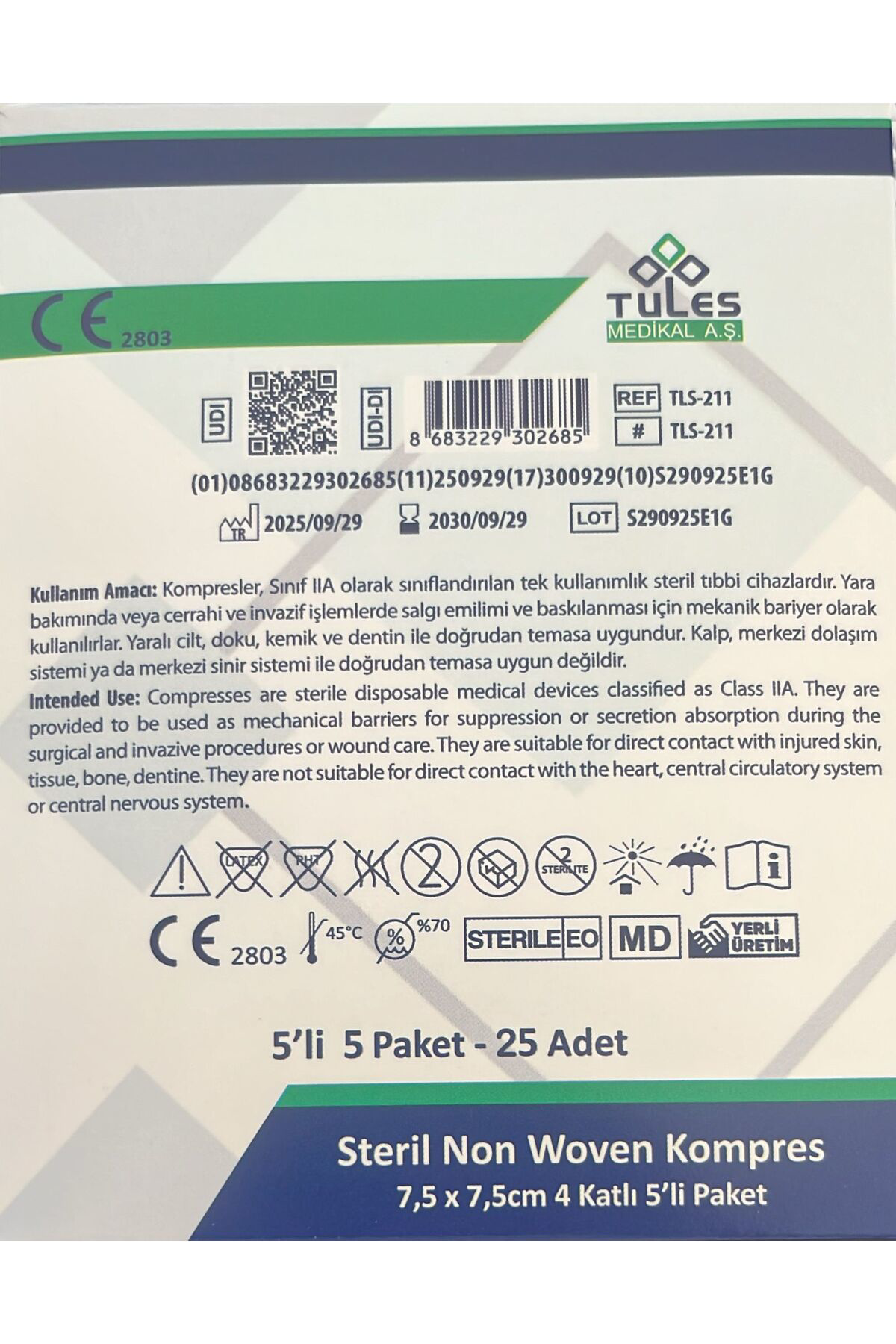 Steril Non Woven Kompres Spanç 7,5 X 7,5cm 4 Katlı 5 'li 25li Pak