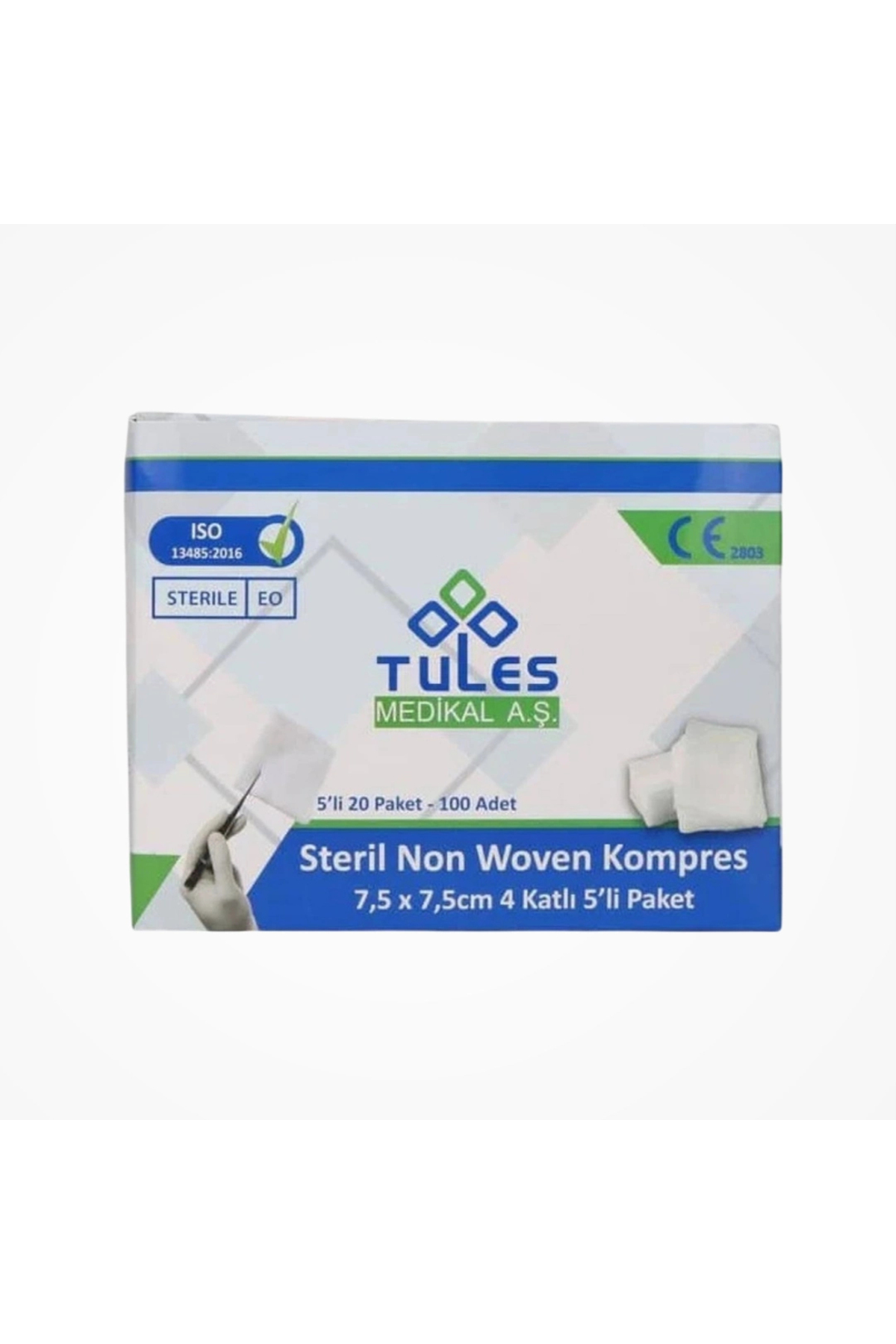 Steril Non Woven Kompres 7,5 cm x 7,5 cm 4 Katlı (5’li Zarf) 100’