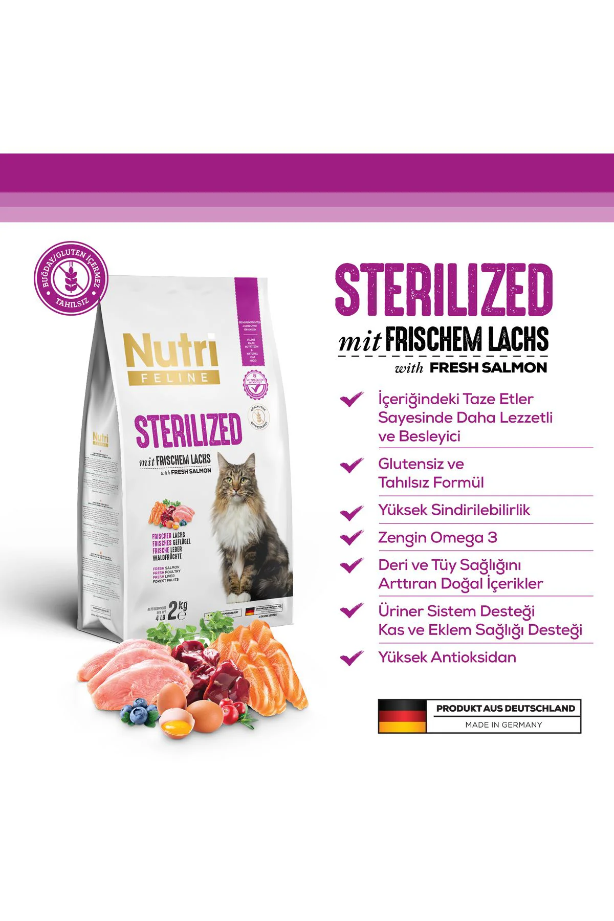 Sterilized - Taze Somonlu, Glutensiz ve Tahılsız Kısırlaştırılmış Kedi Maması 2 Kg