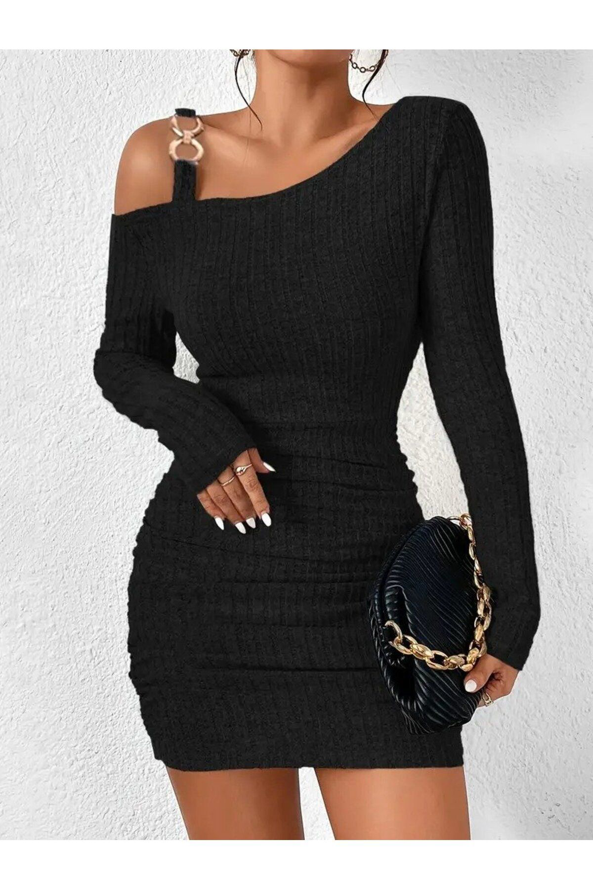 stilaura Kadın Uzun Kollu Tek Omuz Askı Detay Eteği Büzgülü şardo