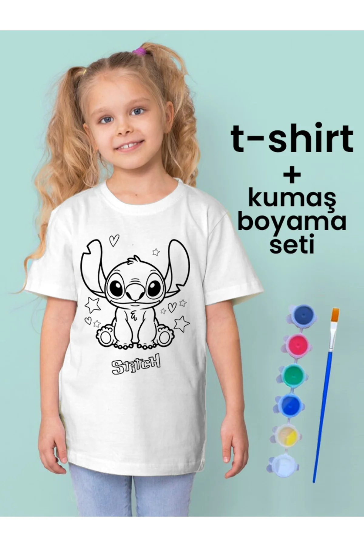 Stitch Tişört Boyama Seti – Çocuk Full Set Fırçalı, Kreatif Elbise Tasarım Oyunu, 3+ Yaş