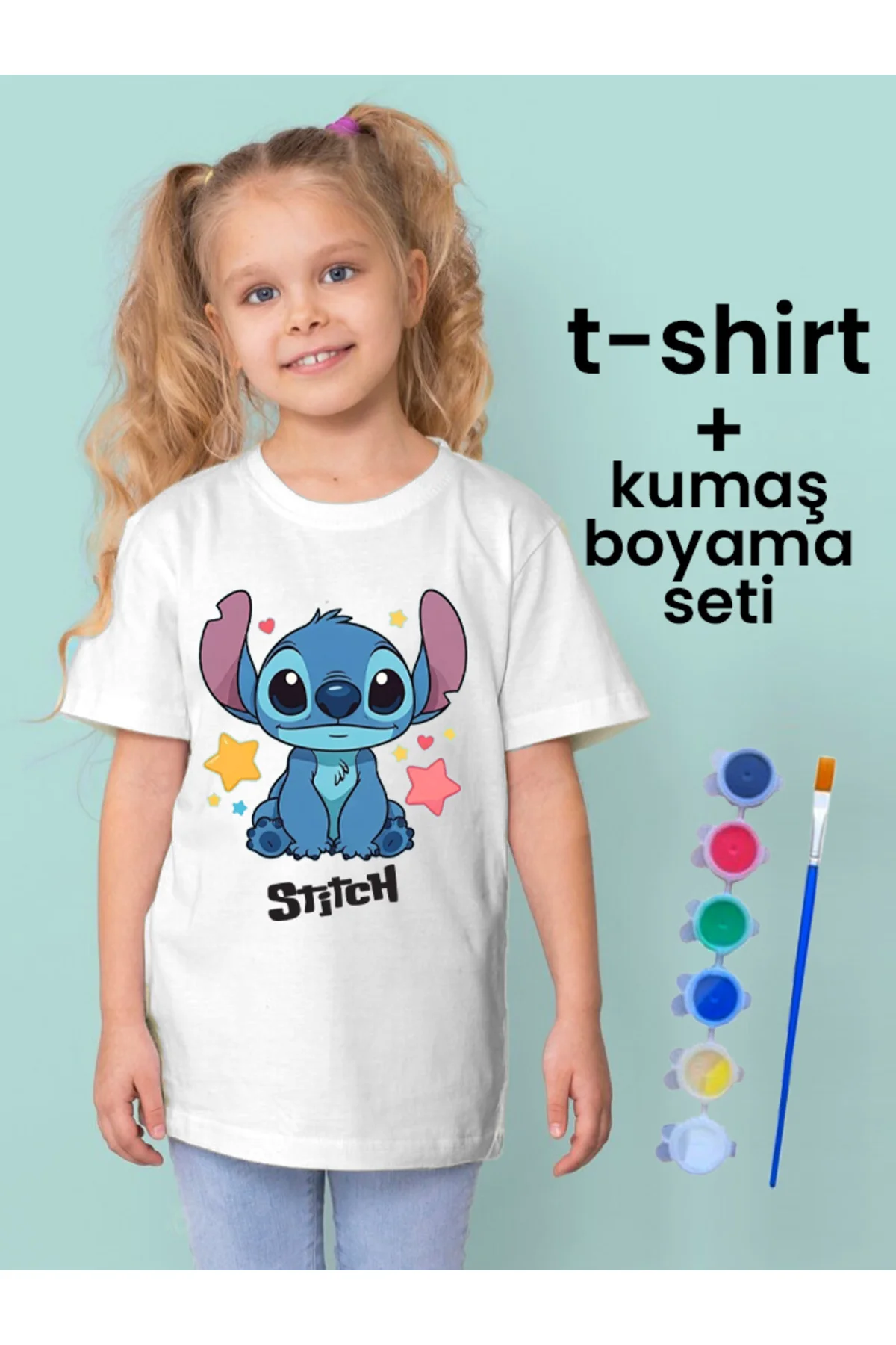 Stitch Tişört Boyama Seti – Çocuk Full Set Fırçalı, Kreatif Elbise Tasarım Oyunu, 3+ Yaş