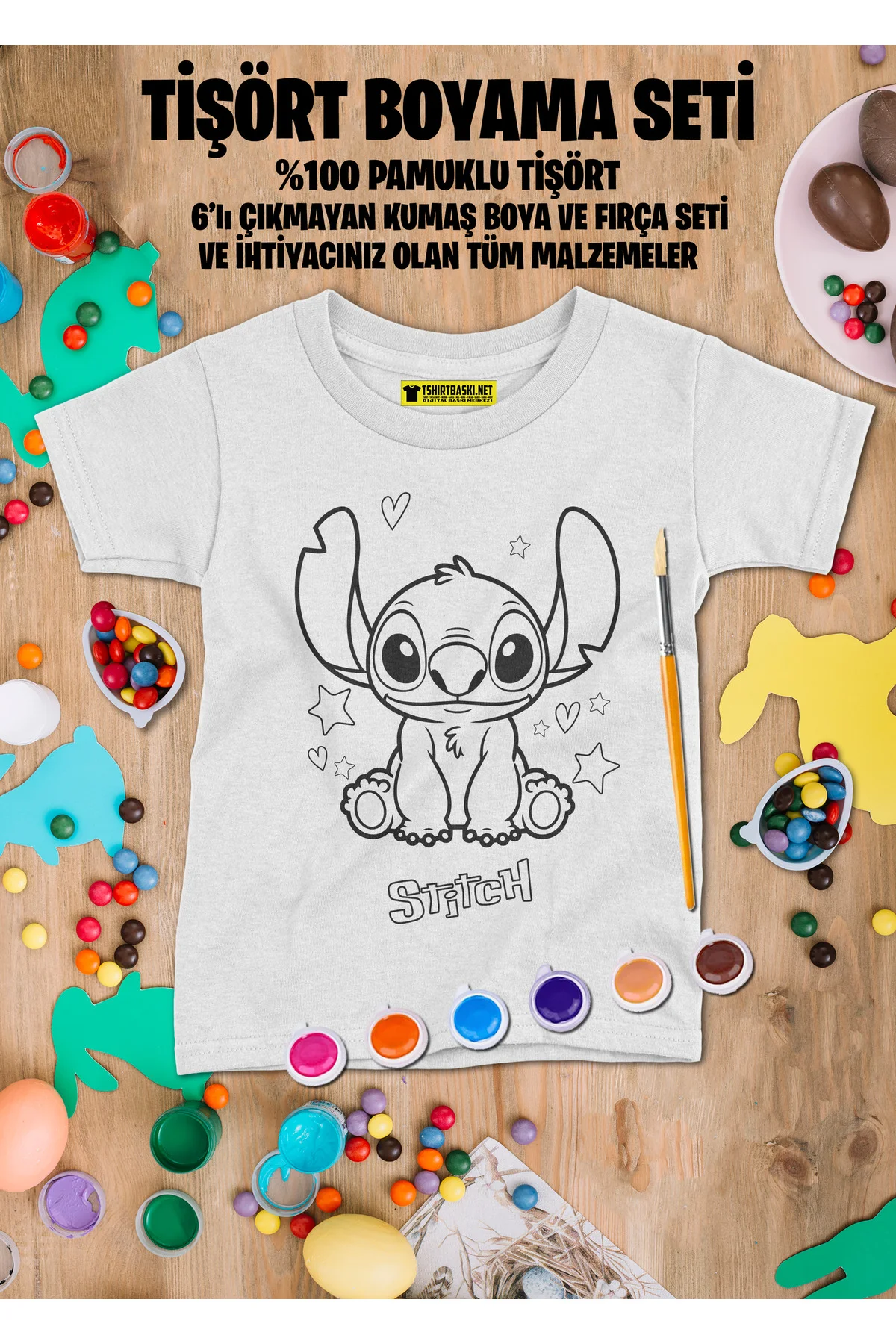 Stitch Tişört Boyama Seti – Çocuk Full Set Fırçalı, Kreatif Elbise Tasarım Oyunu, 3+ Yaş
