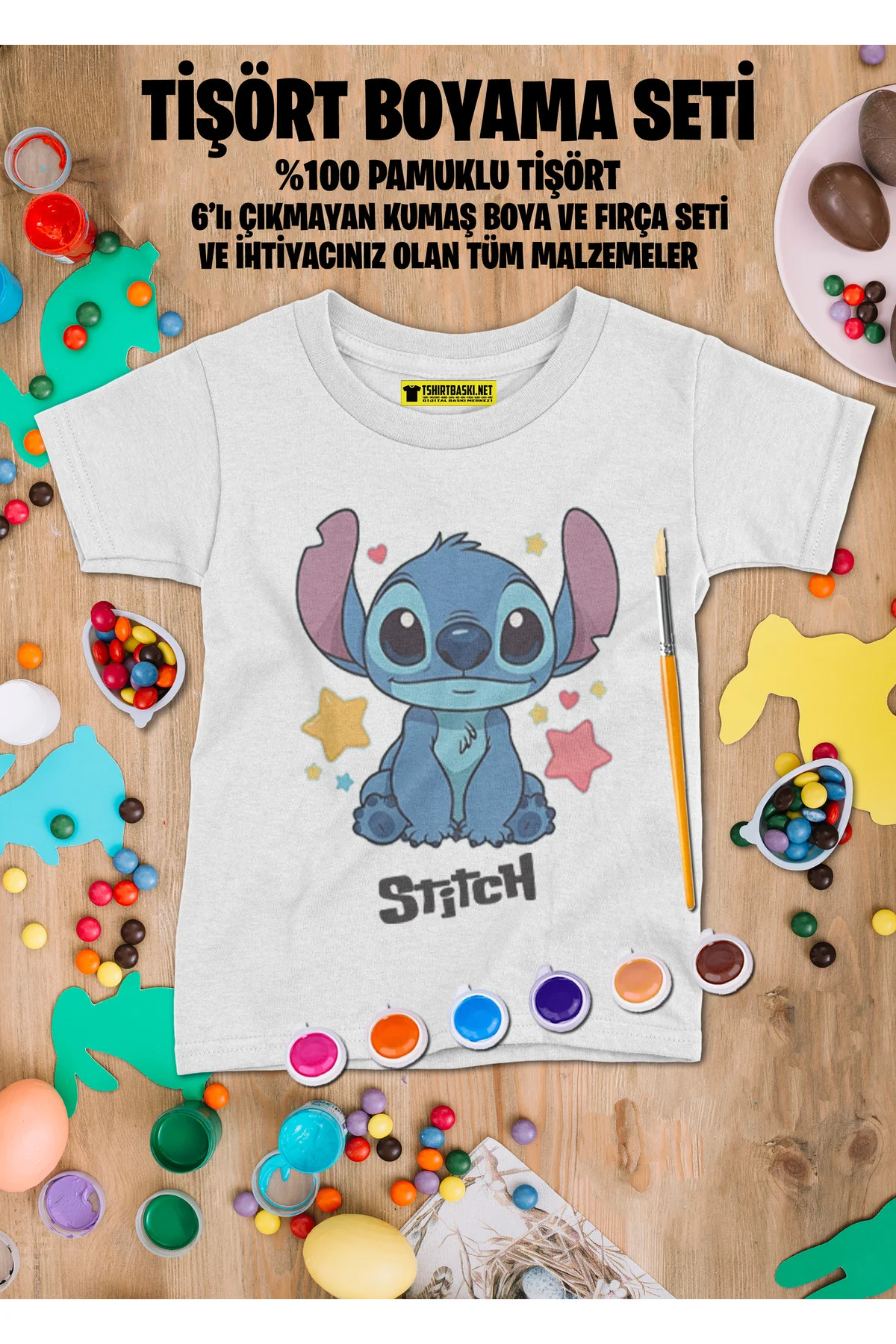 Stitch Tişört Boyama Seti – Çocuk Full Set Fırçalı, Kreatif Elbise Tasarım Oyunu, 3+ Yaş