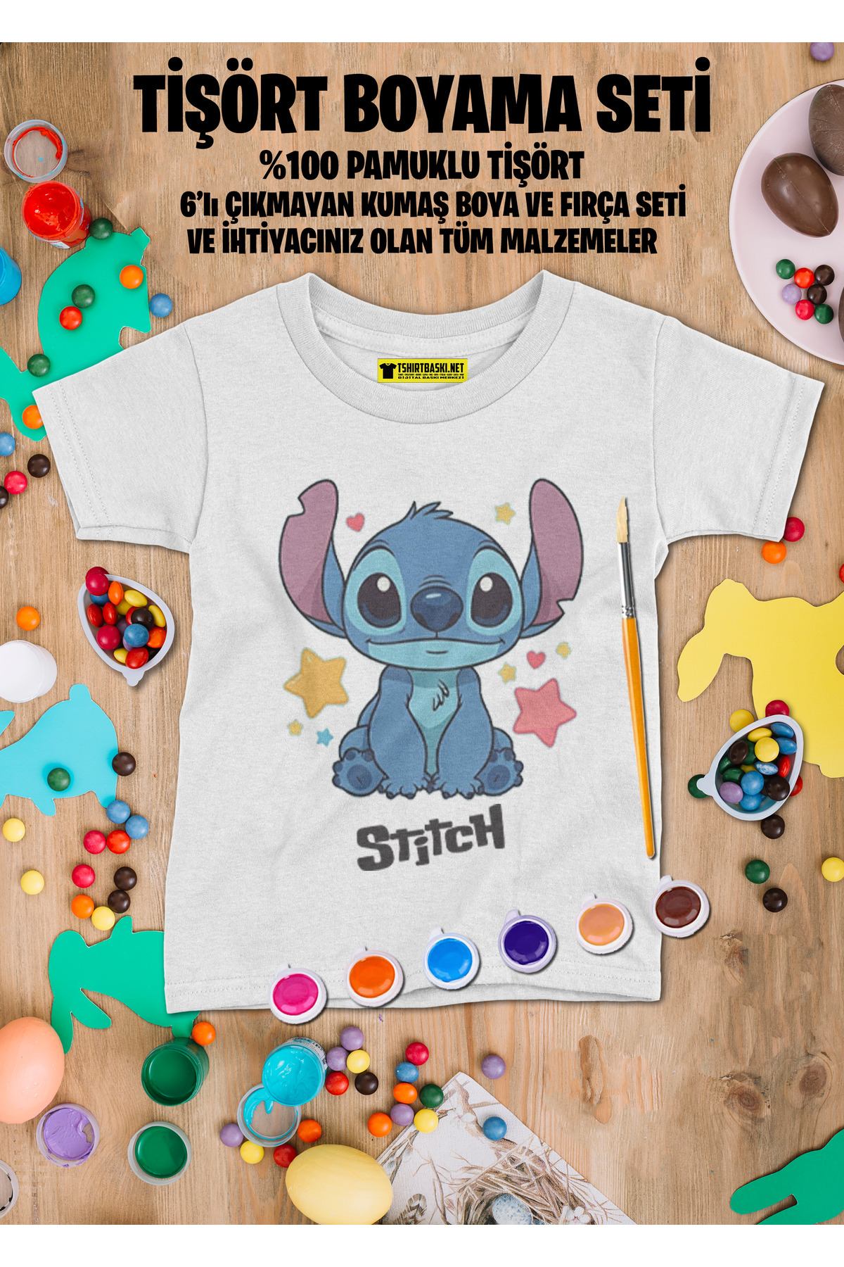 Stitch Tişört Boyama Seti – Çocuk Full Set Fırçalı, Kreatif Elbis