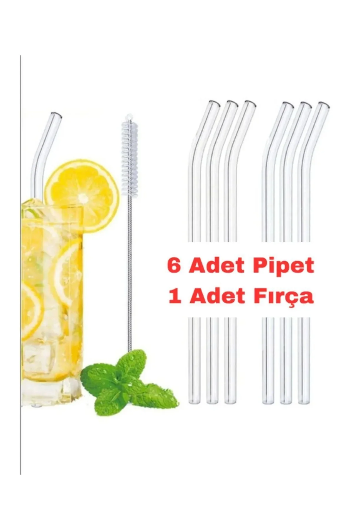 Straw 6'lı Şeffaf Cam Eğimli Isıya Dayanıklı (Borosilikat) Pipet 