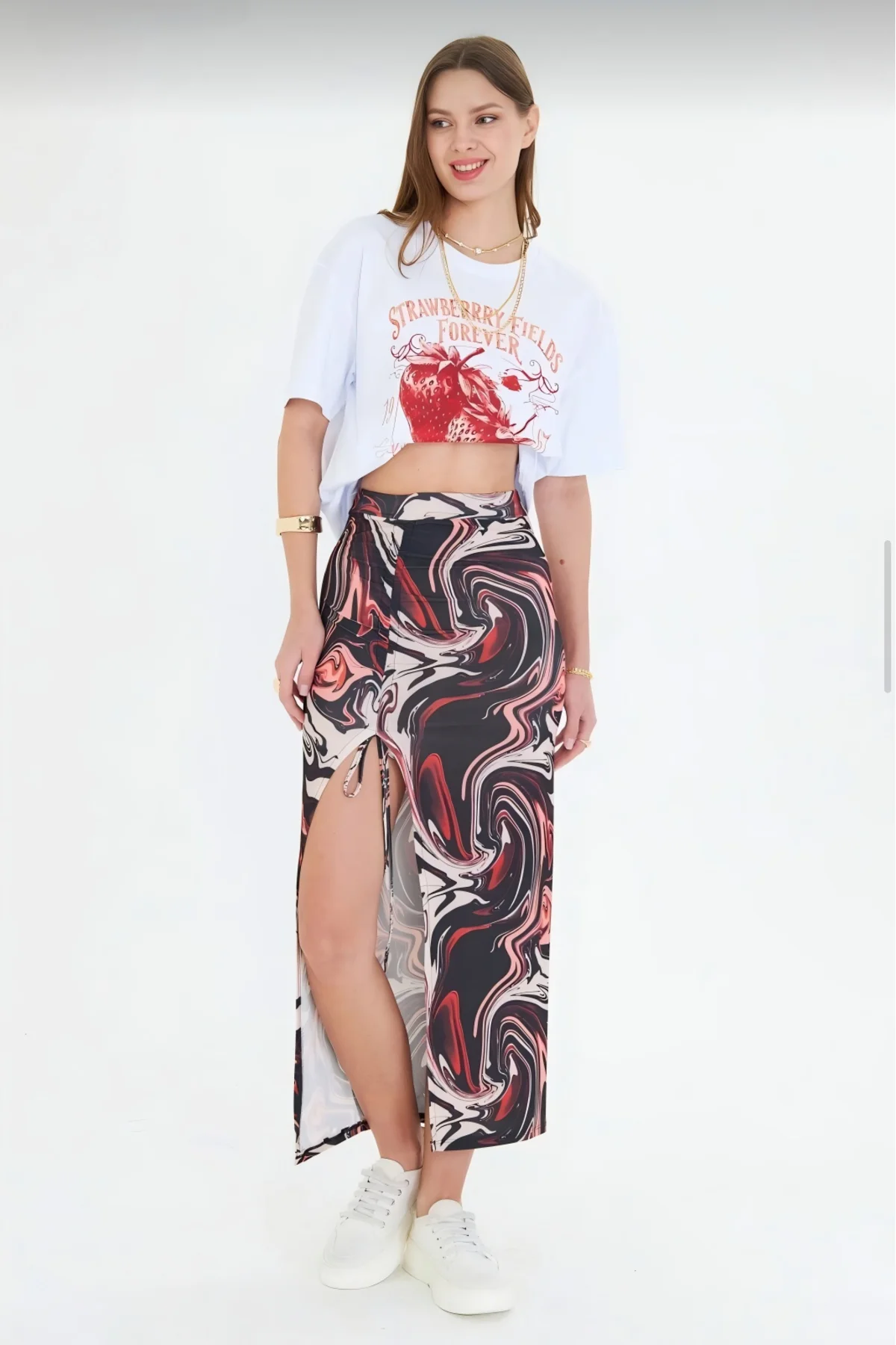 Strawberry Fields Forever Baskılı %100 Pamuk Kadın Oversize Siyah Tişört
