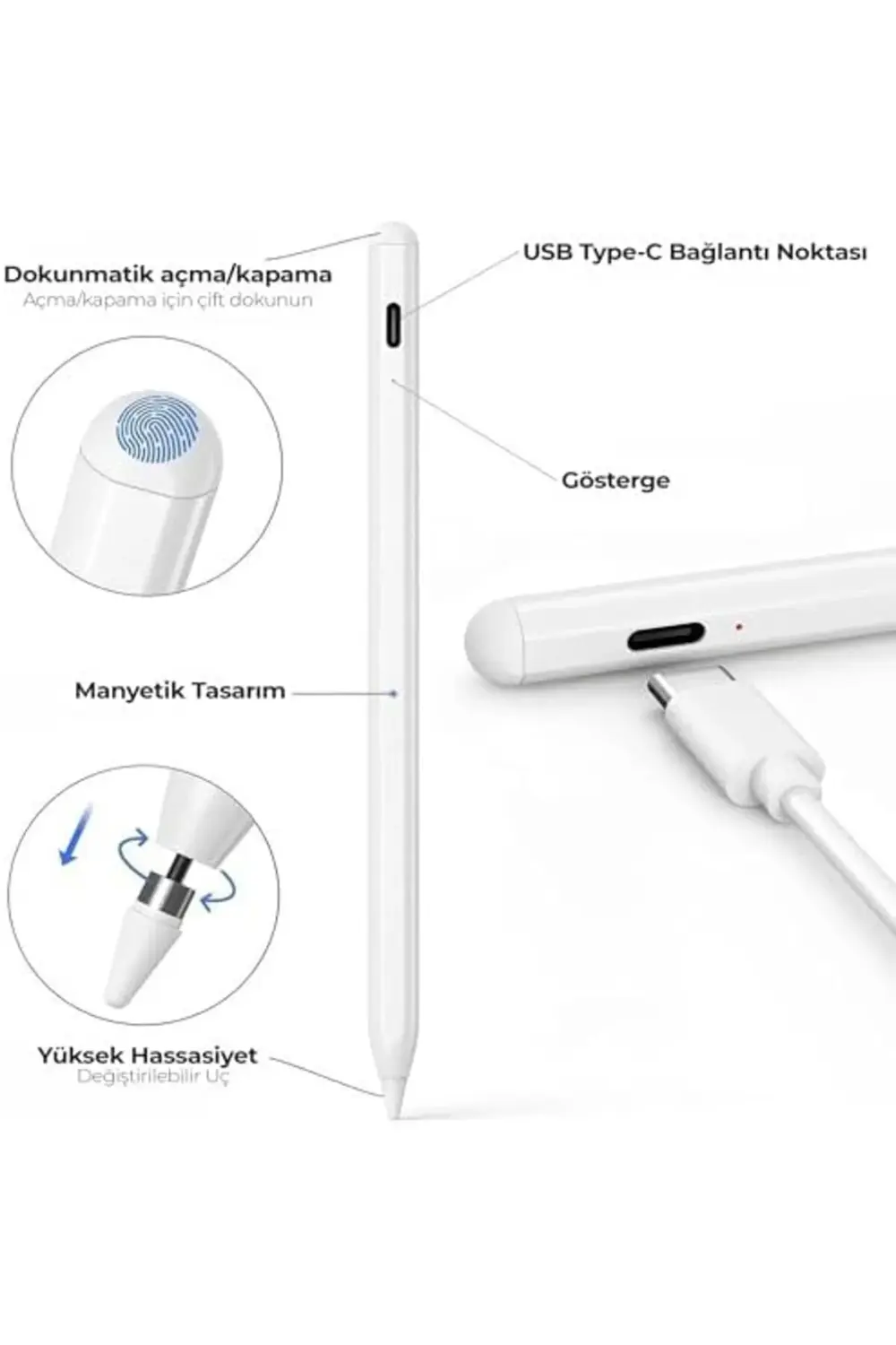 Stylus – USB-C Hızlı Şarj, Avuç İçi Reddetme, 8 Saat Kullanım, Tü