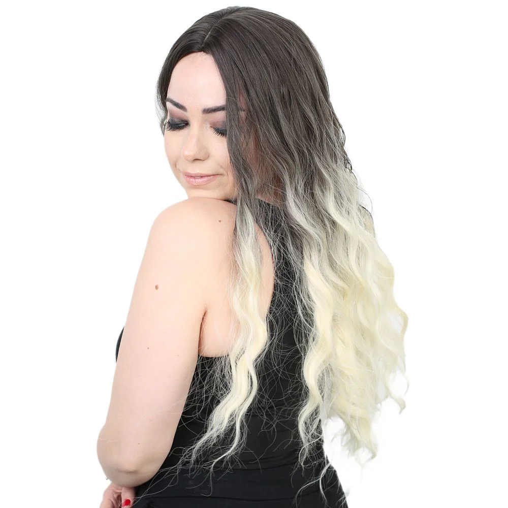 Su Daası Uzun Perçemsiz Fiber Sen Peruk / Küllü Siyah / Platin Ombreli