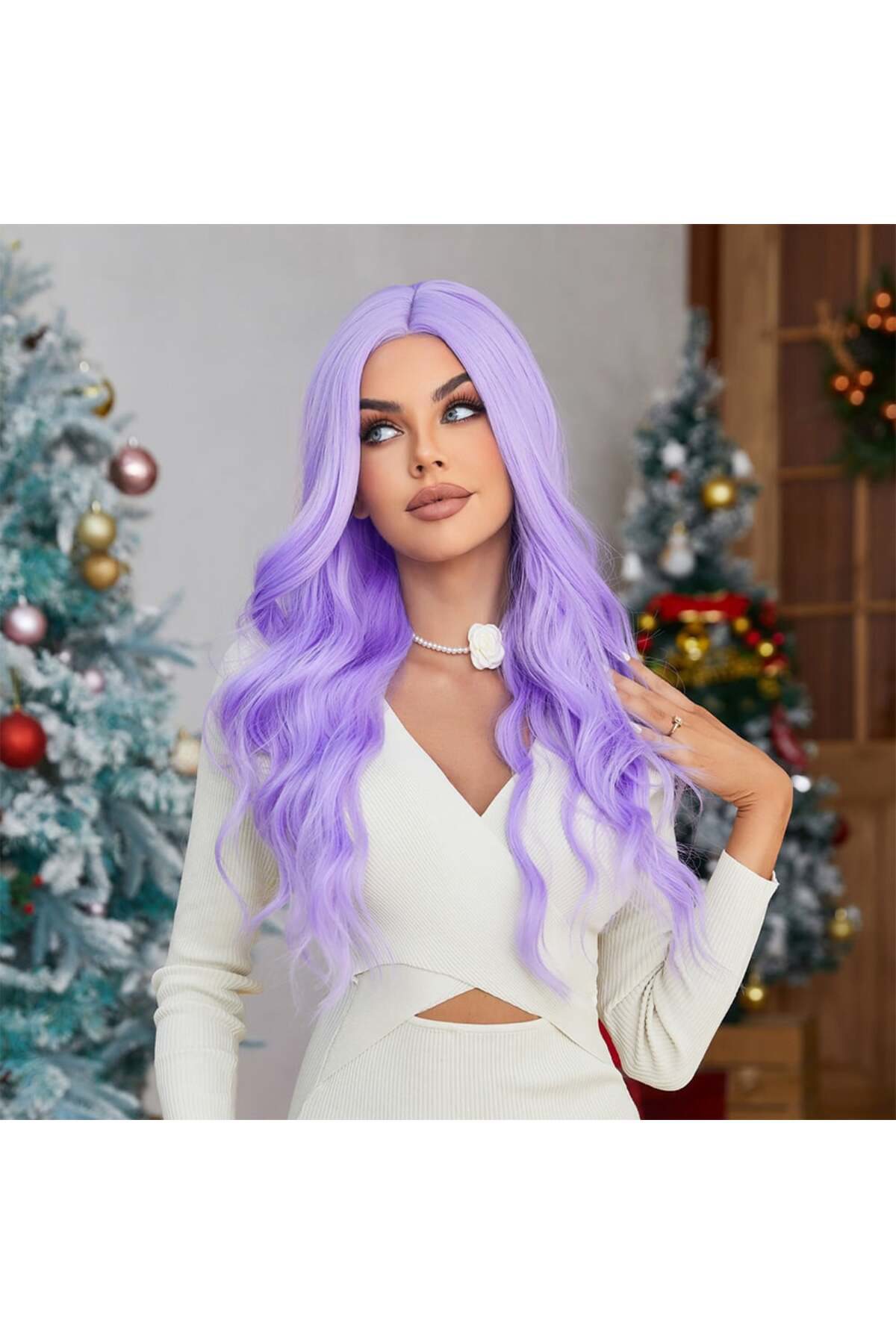 Su Dalgalı Açık Mor Tül Peruk