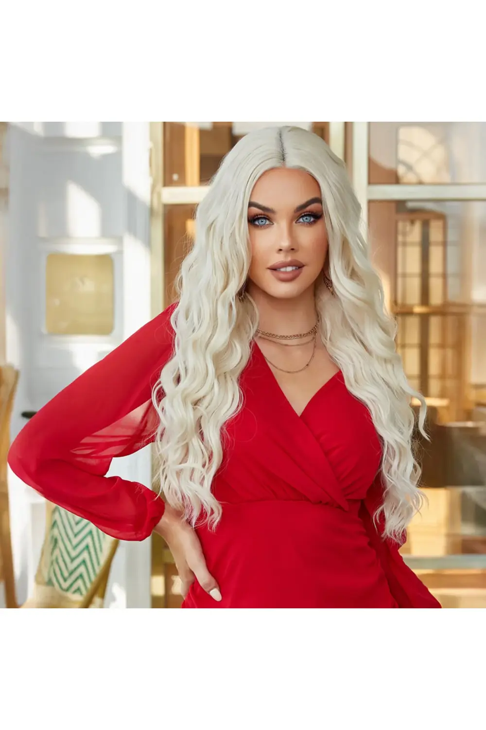 Su Dalgalı Uzun Beyaz Platin Tül Peruk