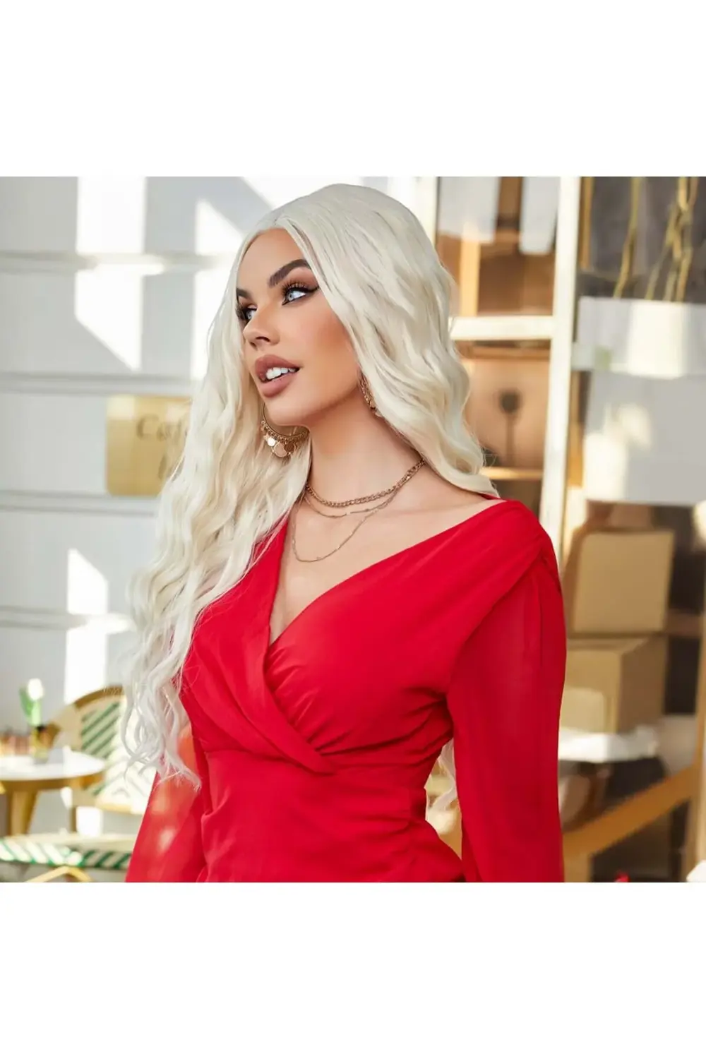 Su Dalgalı Uzun Beyaz Platin Tül Peruk