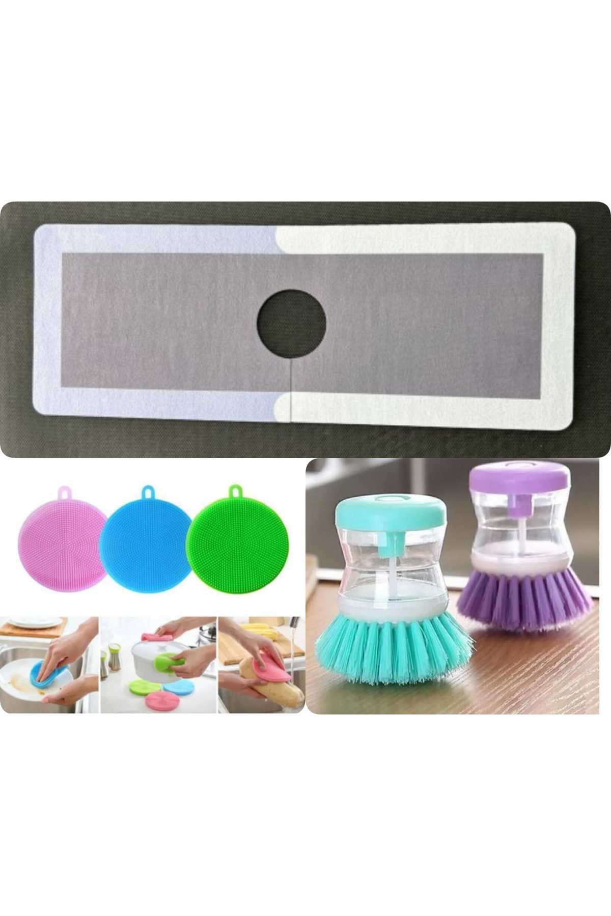 Su Emici Musluk Kenar Matı +Pratik Hazneli Bulaşık Fırçası+Siliko