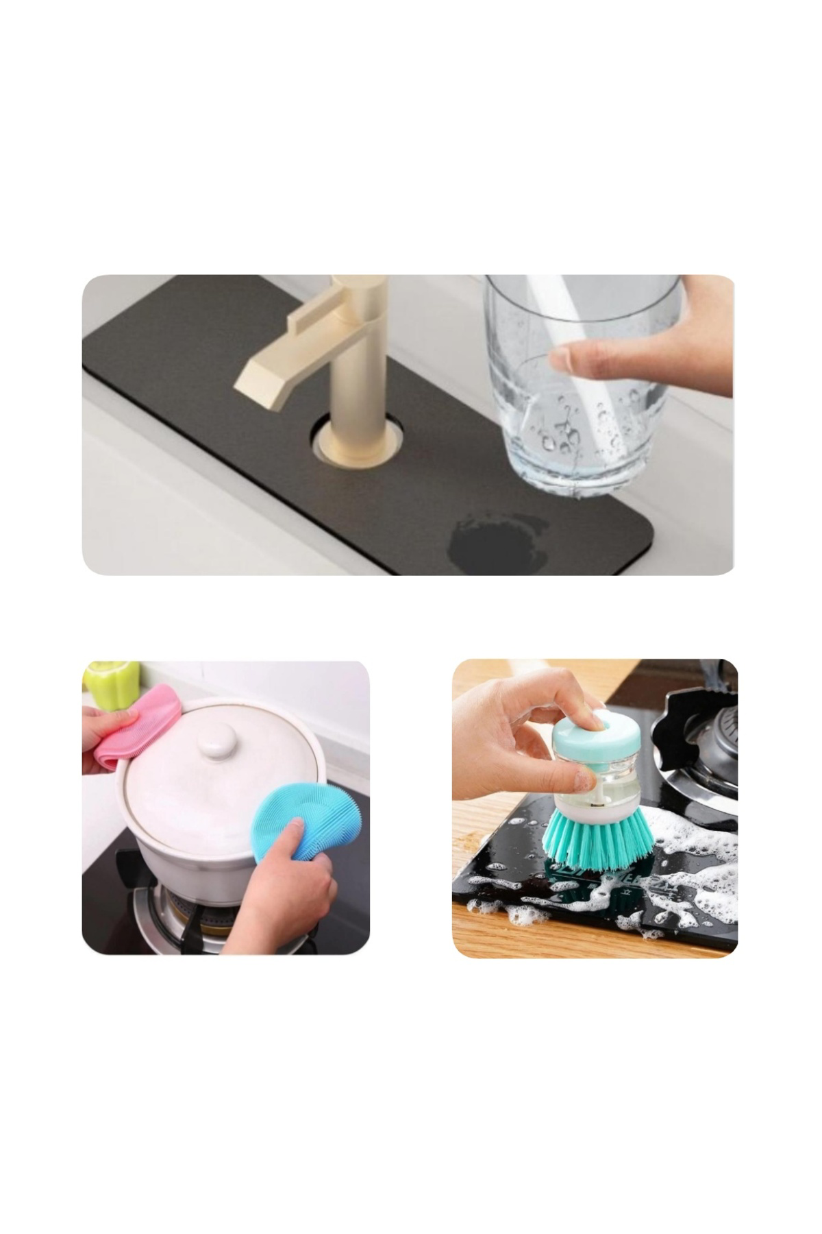Su Emici Musluk Kenar Matı +Pratik Hazneli Bulaşık Fırçası+Siliko
