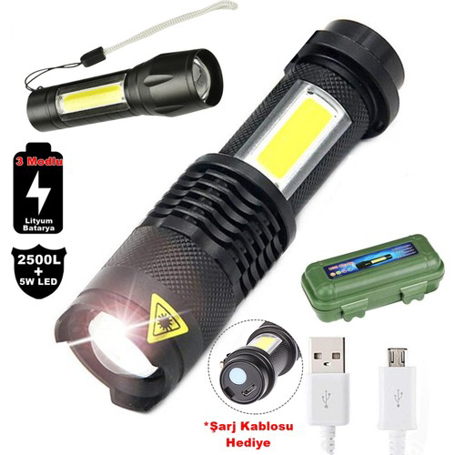 Su Geçirmez Şarjlı El Feneri 2500 Lumens + 5W COB LED USB Lion Şa