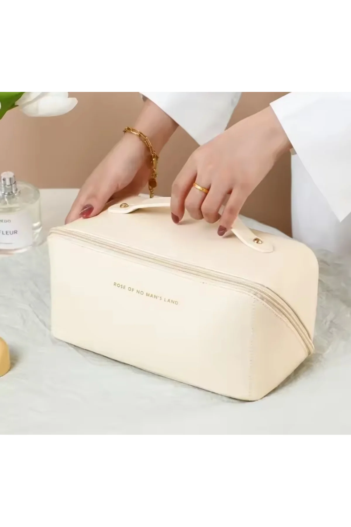 Su Geçirmez Suni Deri Seyahat Makyaj Organizer Çantası (Ekru)