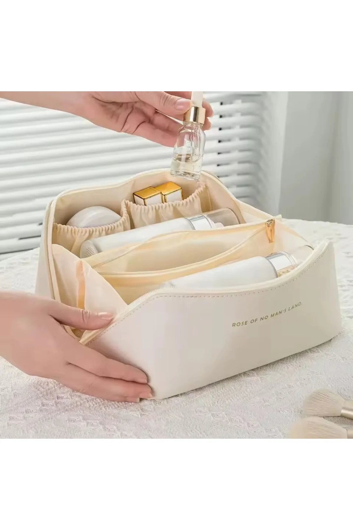 Su Geçirmez Suni Deri Seyahat Makyaj Organizer Çantası (Ekru)