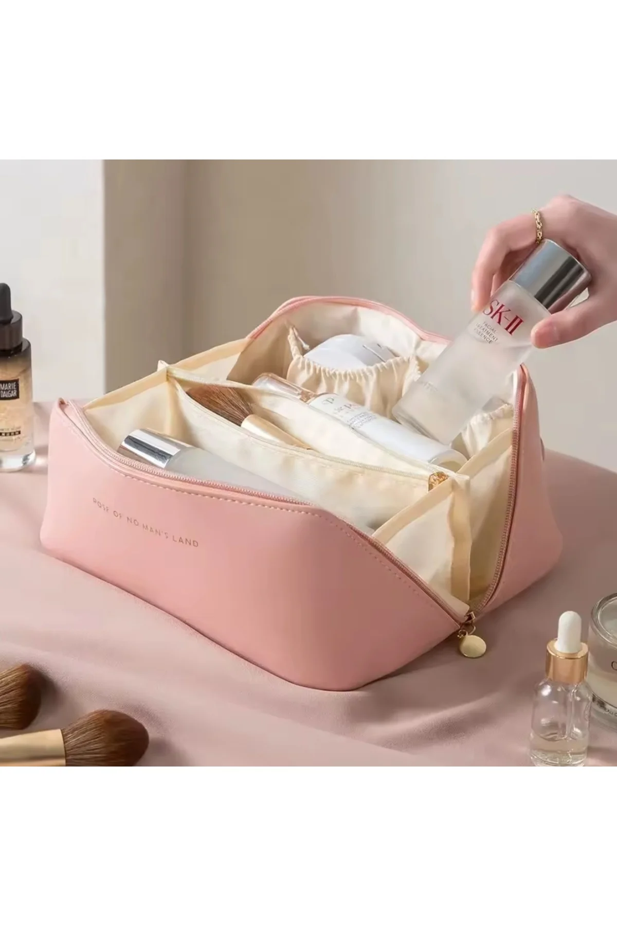Su Geçirmez Suni Deri Seyahat Makyaj Organizer Çantası (pembe)