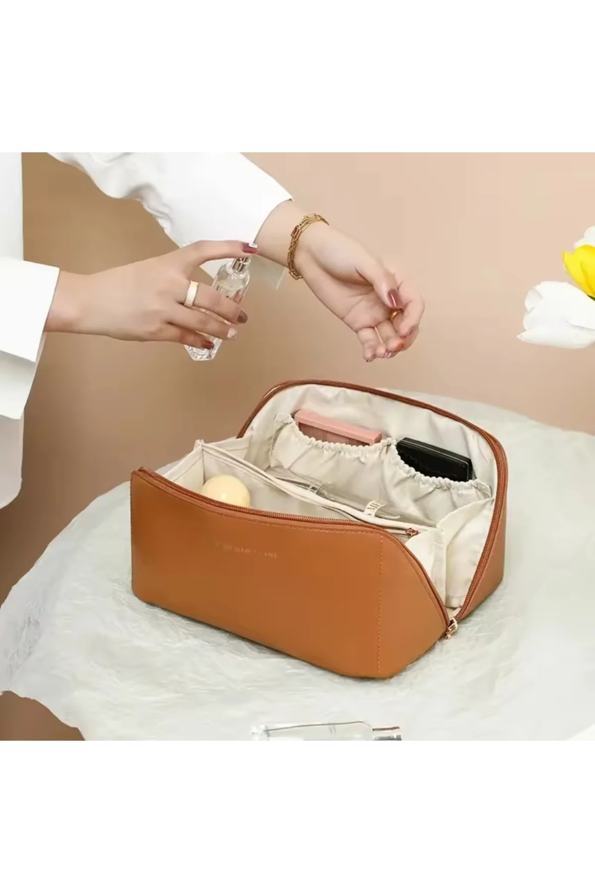 Su Geçirmez Suni Deri Seyahat Makyaj Organizer Çantası (taba)