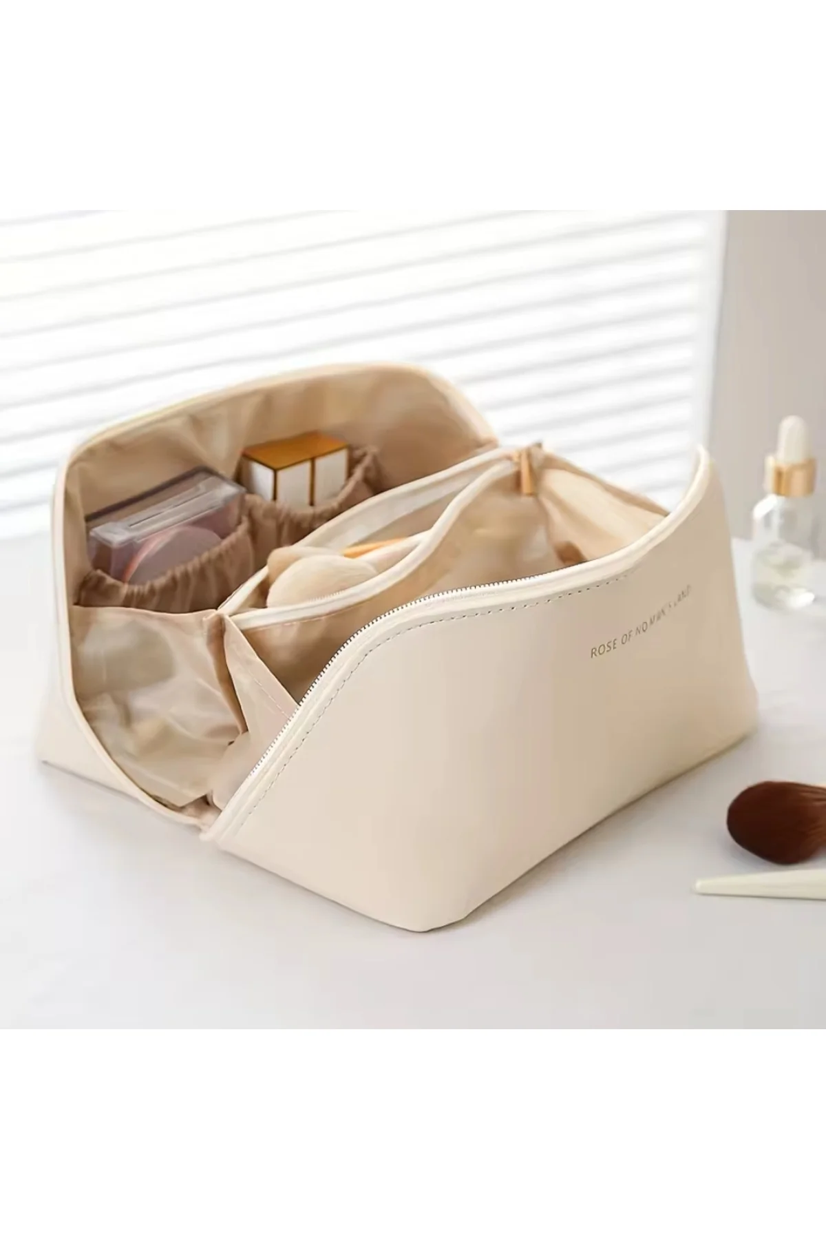 Su Geçirmez Suni Deri Seyahat Makyaj Organizer Çantası (Ekru)