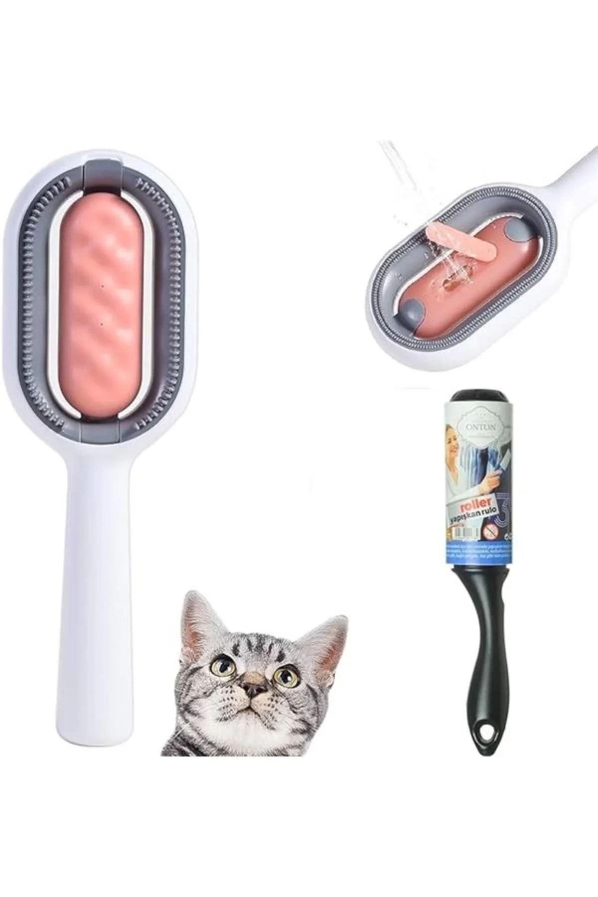 Su Hazneli Kedi Tüy Temizleme Fırçası Tarağı + 60 Yaprak Tüy Topl