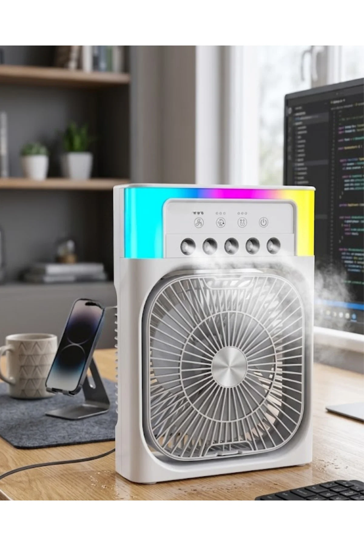 Su Püskürtmeli Mini Klima Fan USB Şarjlı Masaüstü Soğutucu RGB Işıklı