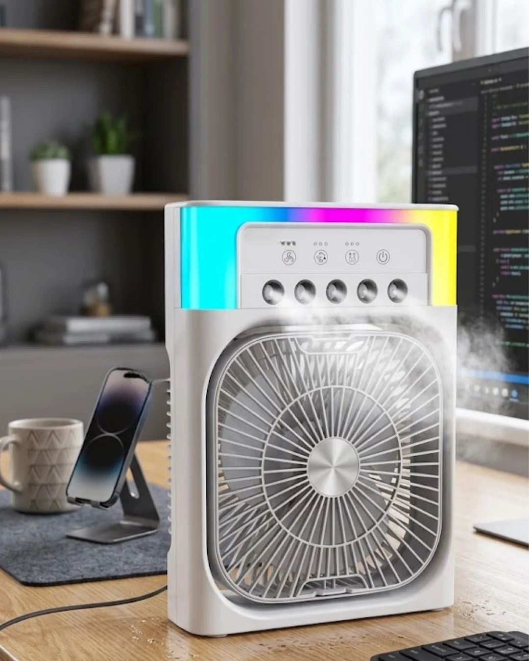 Su Püskürtmeli Mini Klima Fan USB Şarjlı Masaüstü Soğutucu RGB Işıklı Su Püskürtmeli Mini Klima Fan USB Şarjlı Masaüstü Soğutucu RGB Işıklı