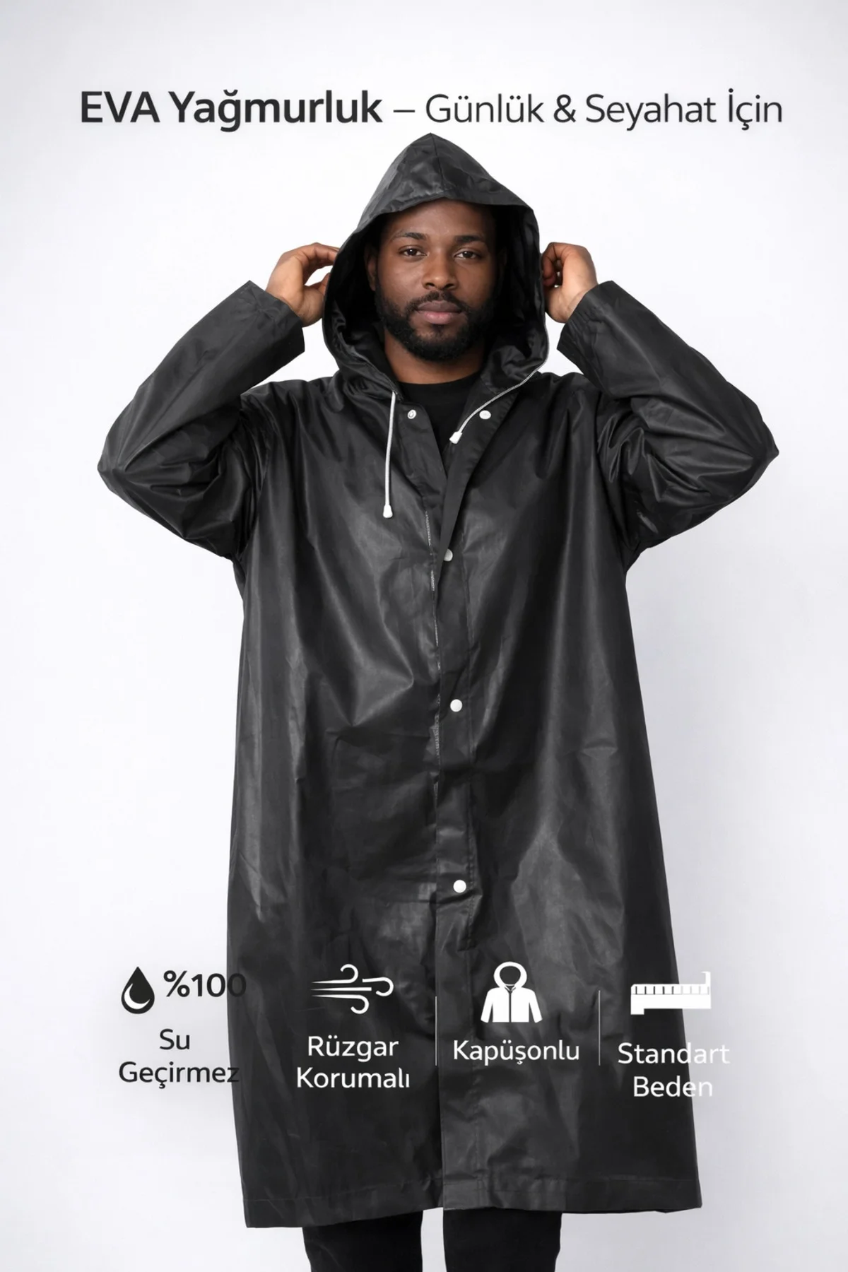 Su ve Rüzgar Geçirmez Siyah Eva Yağmurluk Kapüşonlu Çıtçıtlı Yeti