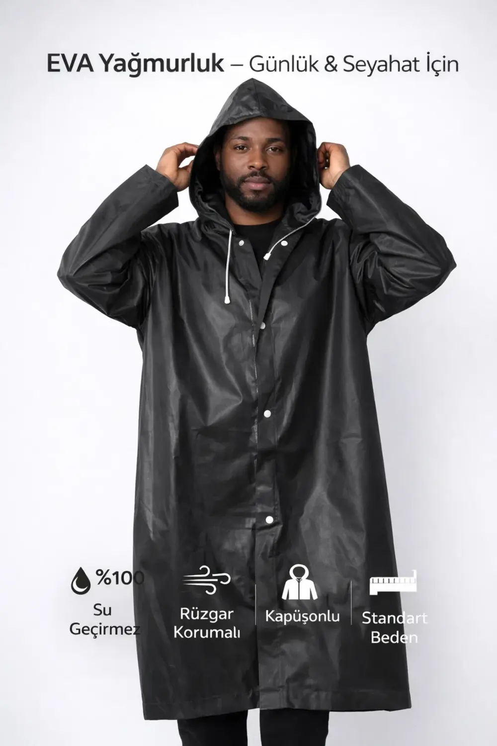 Su ve Rüzgar Geçirmez Siyah Eva Yağmurluk Kapüşonlu Çıtçıtlı Yeti