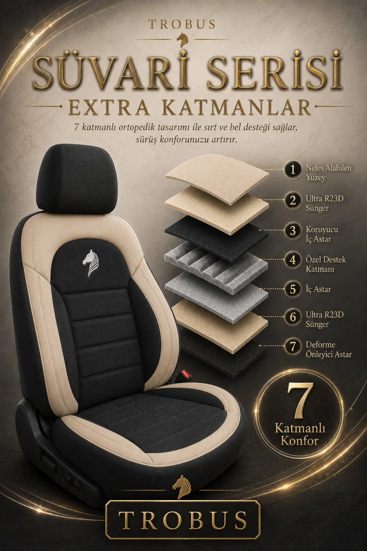 Subaru XV 2012 Sonrası Uyumlu Süvari Serisi Siyah Bej Premium Tay Tüyü Koltuk Kılıfı