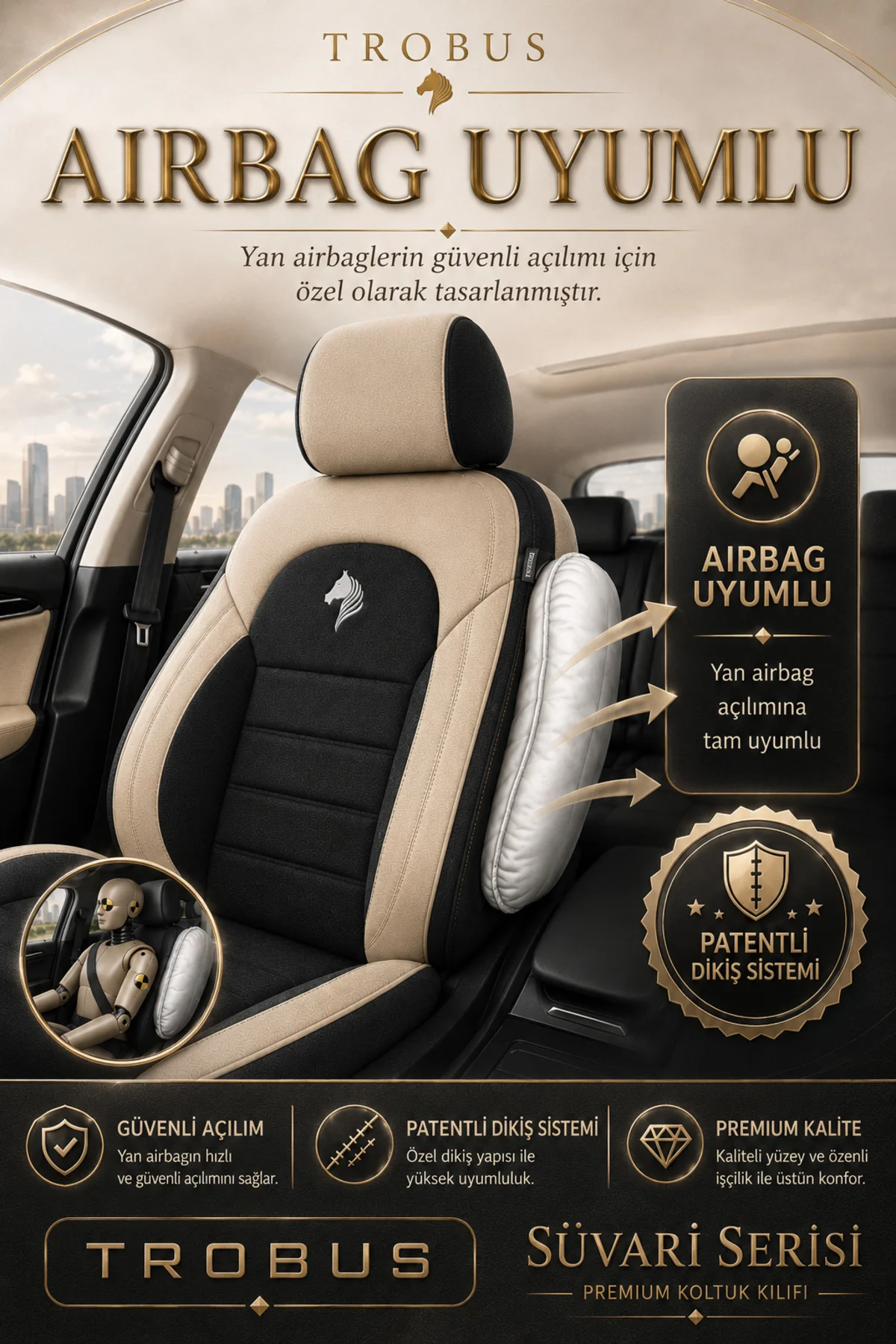 Subaru XV 2012 Sonrası Uyumlu Süvari Serisi Siyah Bej Premium Tay Tüyü Koltuk Kılıfı