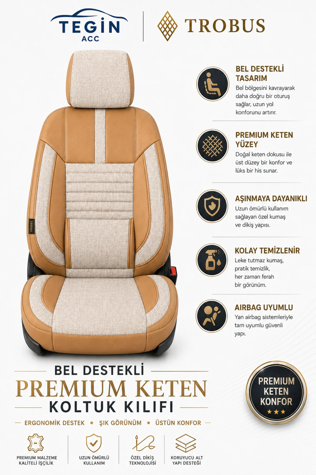 Subaru XV 2012+ Uyumlu Apex Linen Bel Destekli Keten Bej Taba Koltuk Kılıfı