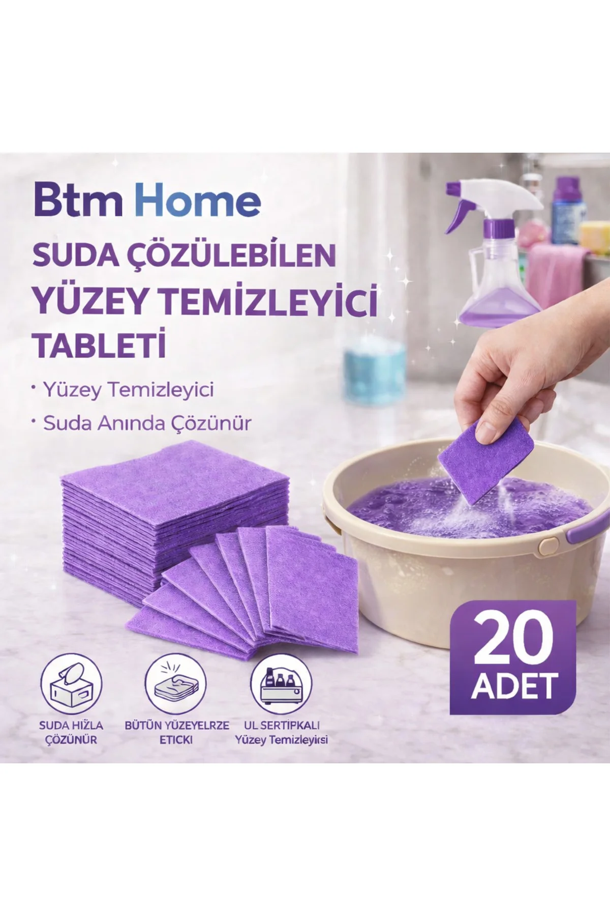 Suda Çözülebilen Yüzey Temizleyici Tablet 20 Adet Çok Amaçlı Pratik Temizlik Tableti