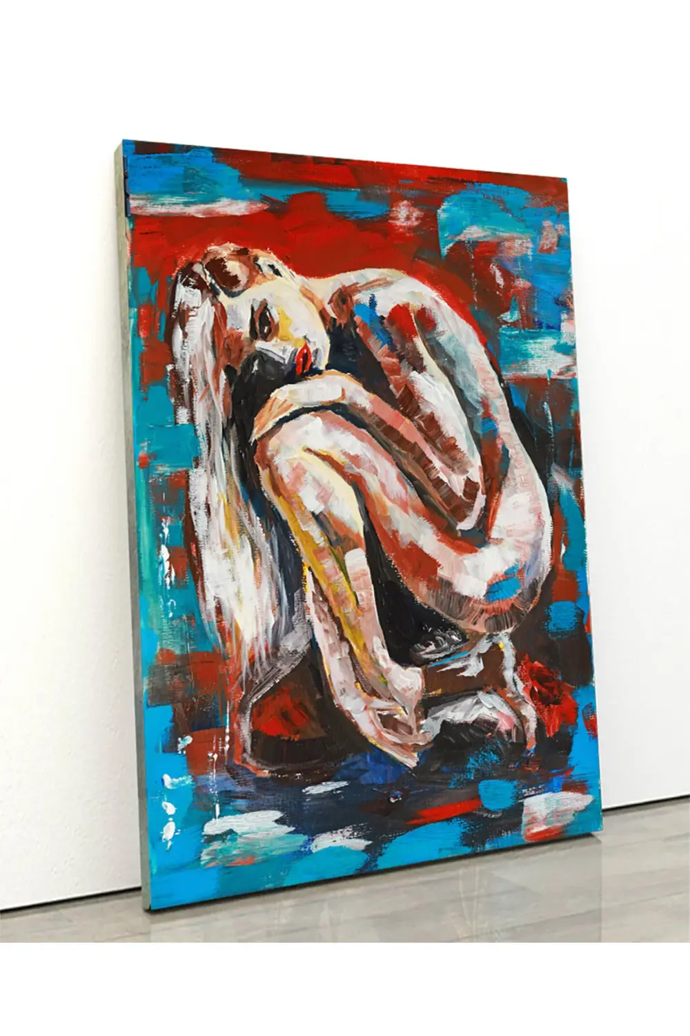 Suda oturan uzun saçlı genç kızın pop art akrilik resmi. Kanvas T