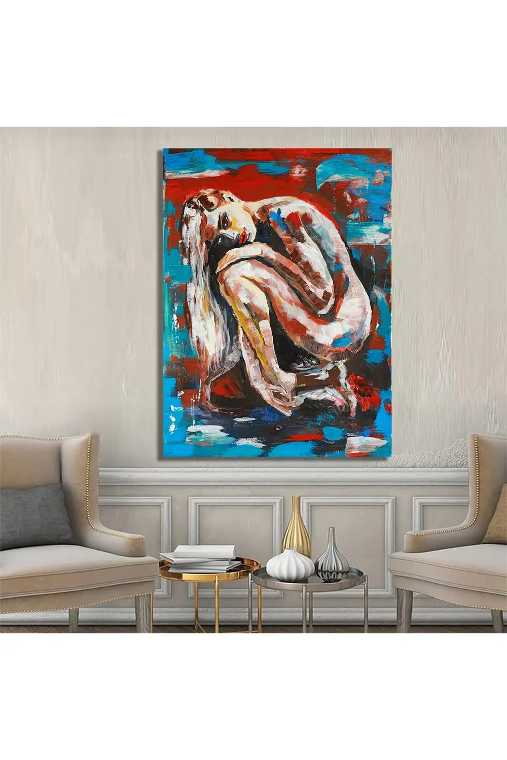 Suda oturan uzun saçlı genç kızın pop art akrilik resmi. Kanvas T