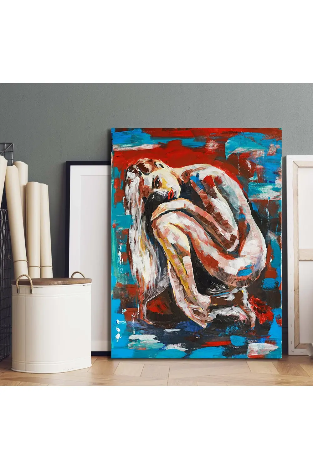 Suda oturan uzun saçlı genç kızın pop art akrilik resmi. Kanvas T