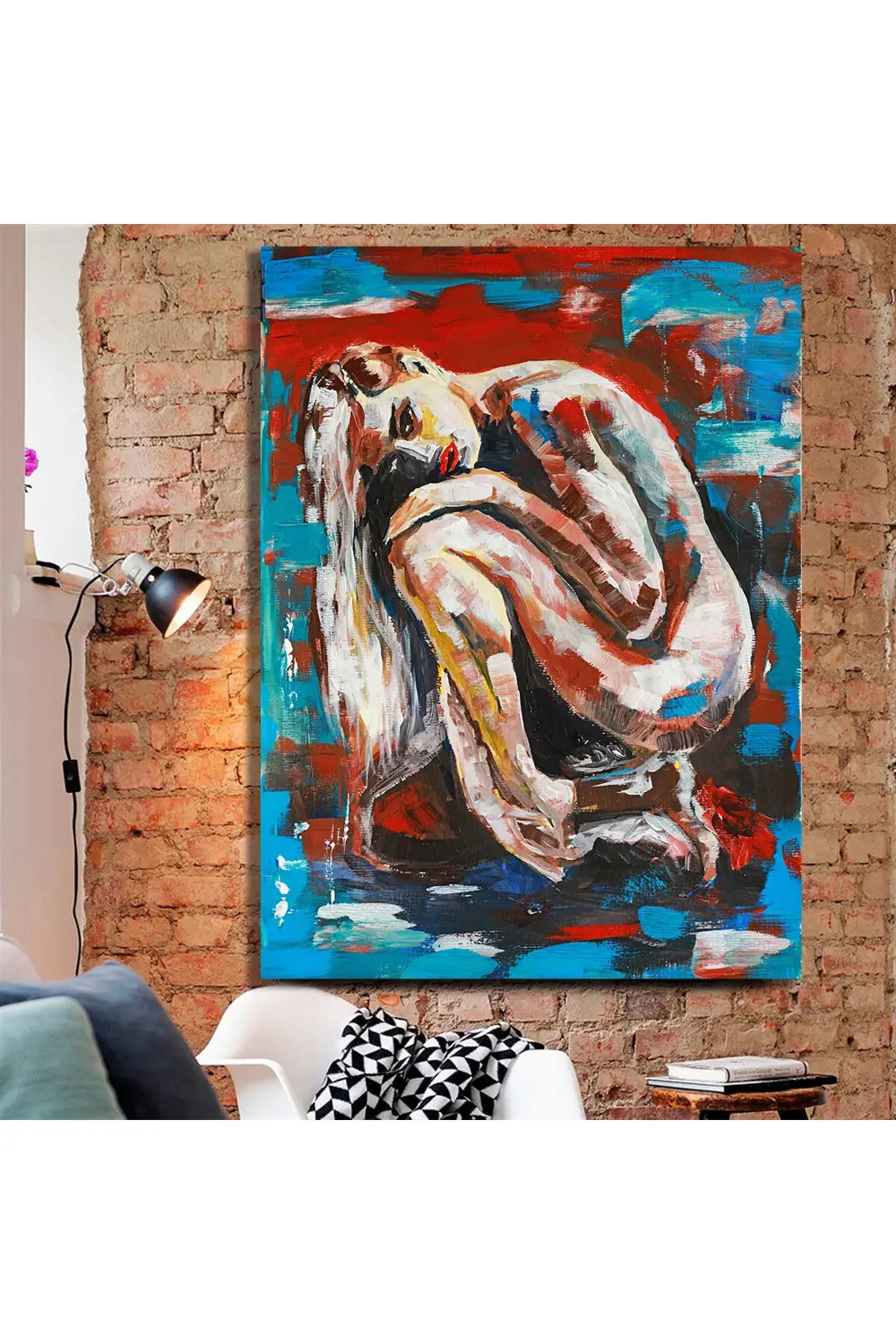 Suda oturan uzun saçlı genç kızın pop art akrilik resmi. Kanvas T