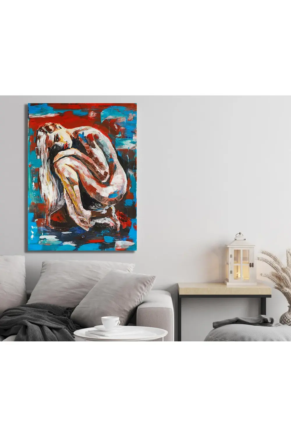 Suda oturan uzun saçlı genç kızın pop art akrilik resmi. Kanvas T