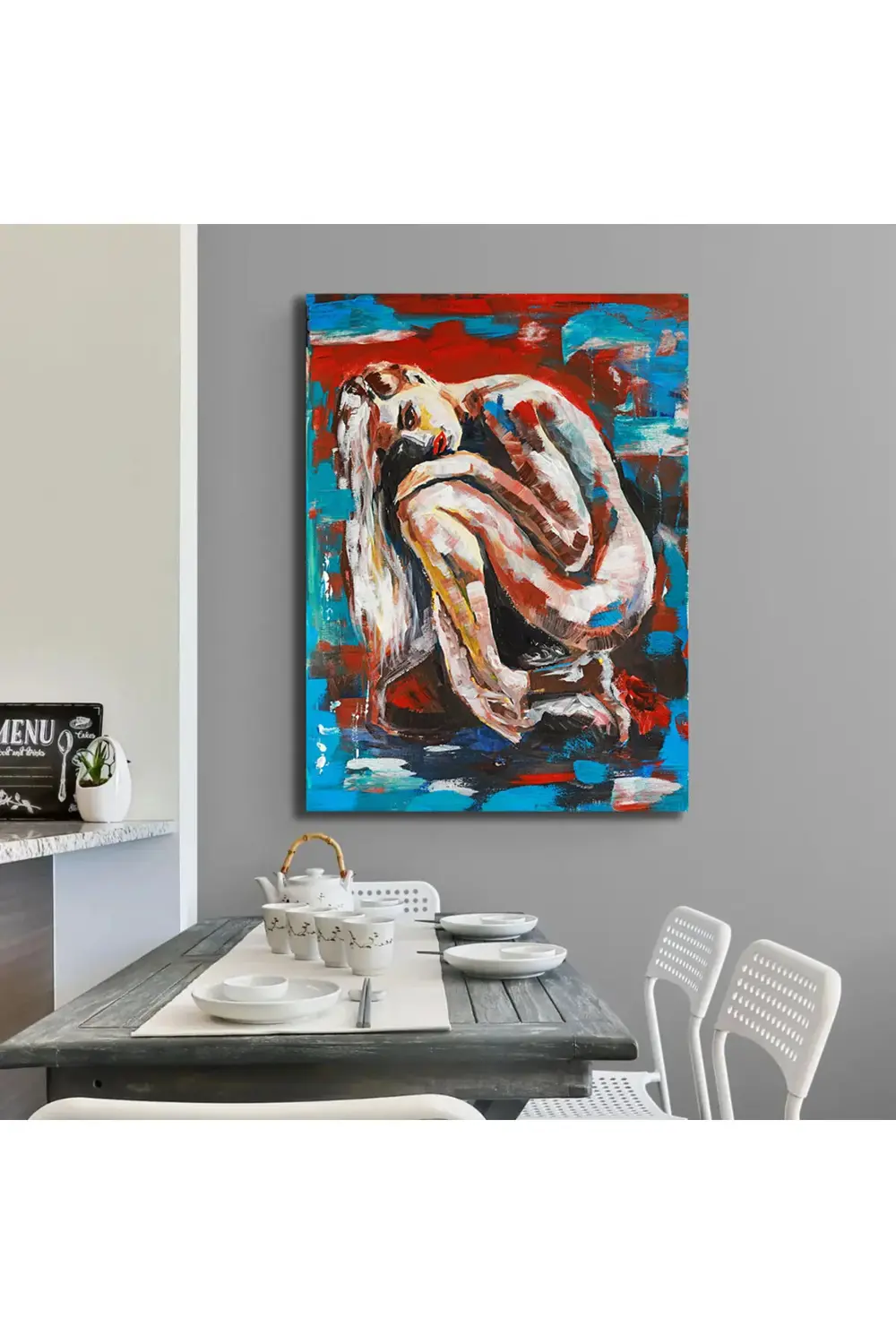 Suda oturan uzun saçlı genç kızın pop art akrilik resmi. Kanvas T