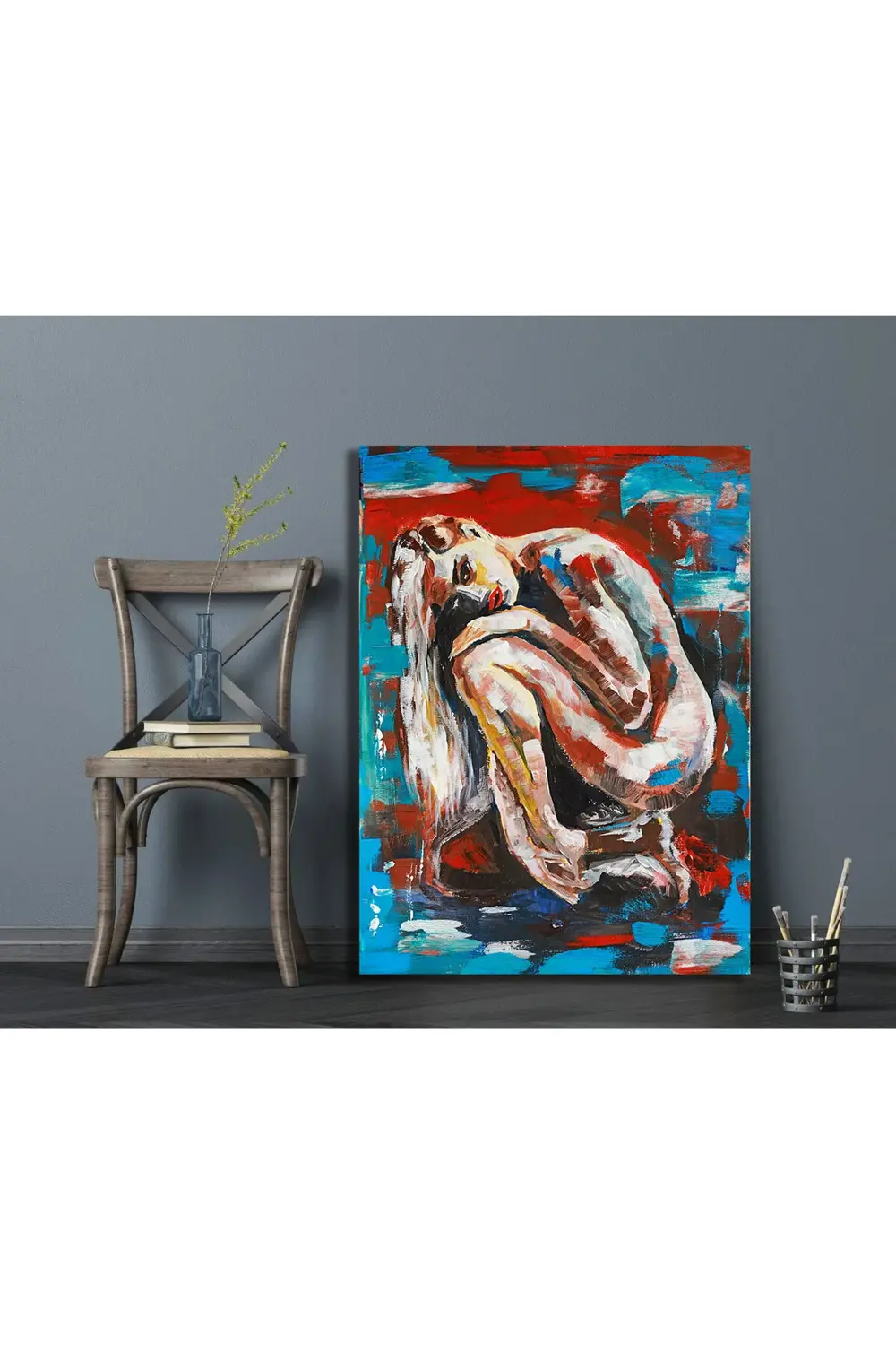 Suda oturan uzun saçlı genç kızın pop art akrilik resmi. Kanvas T
