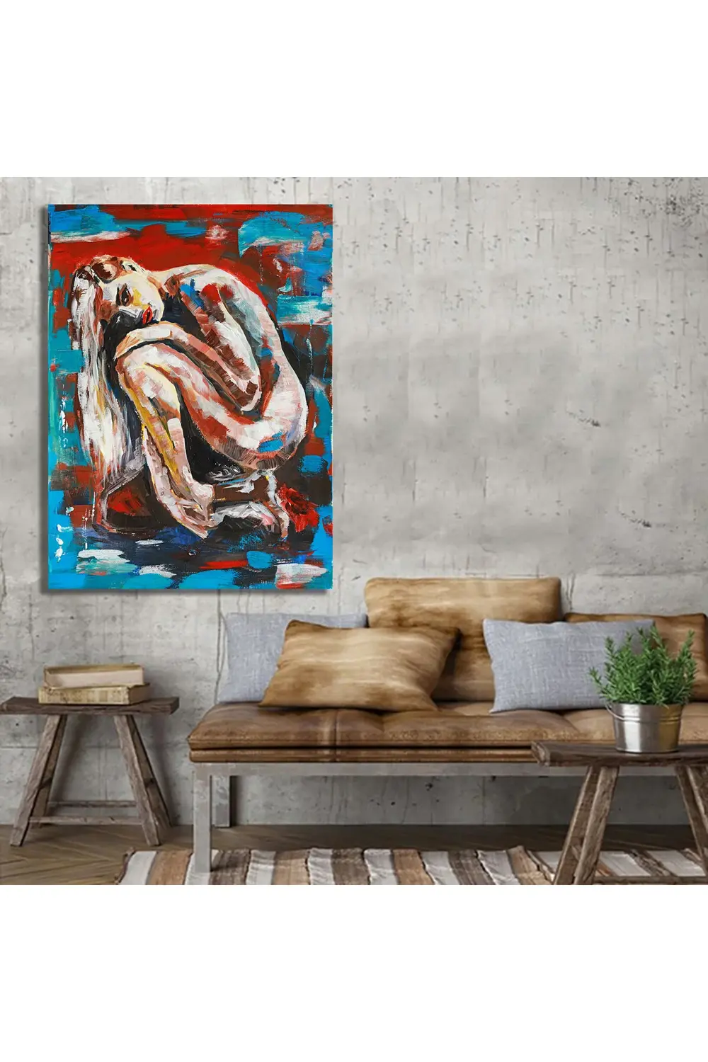 Suda oturan uzun saçlı genç kızın pop art akrilik resmi. Kanvas T